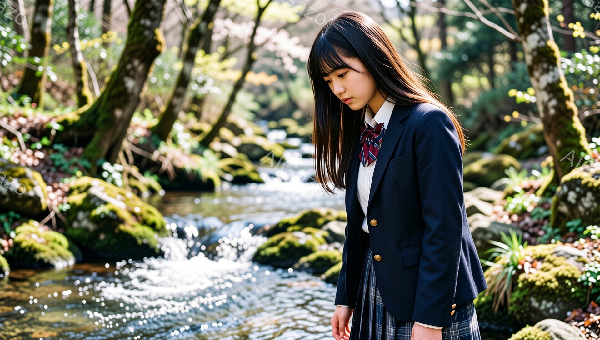 紺色のブレザーにチェック柄のスカート、白いシャツとネクタイを着用した女子学生が、うつむき加減で小川のそばに立っている。彼女の髪は長く、ストレートで、前髪が目にかかっている。背景には緑豊かな木々と苔むした岩があり、小川の水が流れている穏やかな自然環境が広がっている。