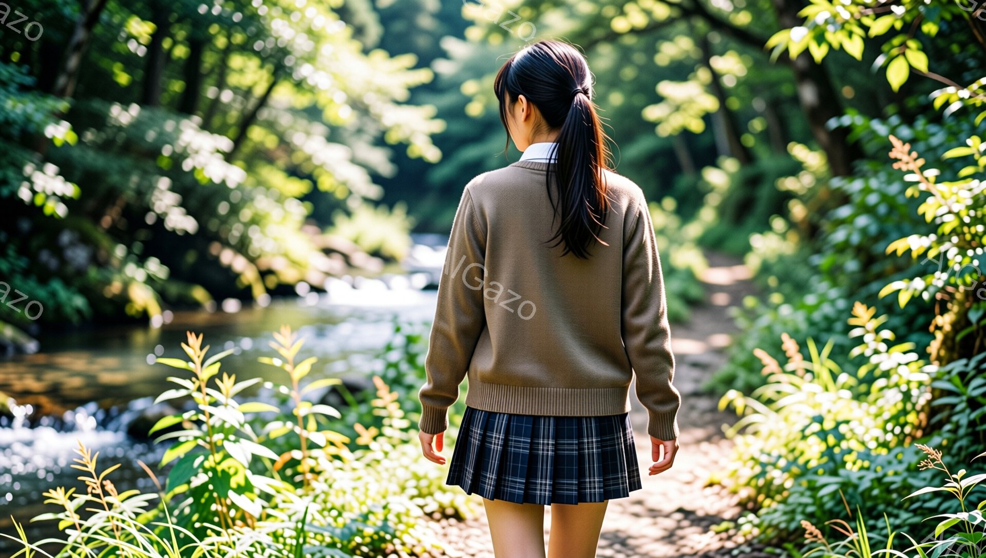 茶色のセーターとチェック柄のプリーツスカートを身につけた少女が、森の小道を歩いている後ろ姿が写っている。彼女は長い黒髪を一つに結び、背中を見せているため表情は分からないが、リラックスした雰囲気である。背景には緑豊かな木々や植物が広がり、明るい光が差し込み、穏やかで自然な雰囲気を醸し出している。