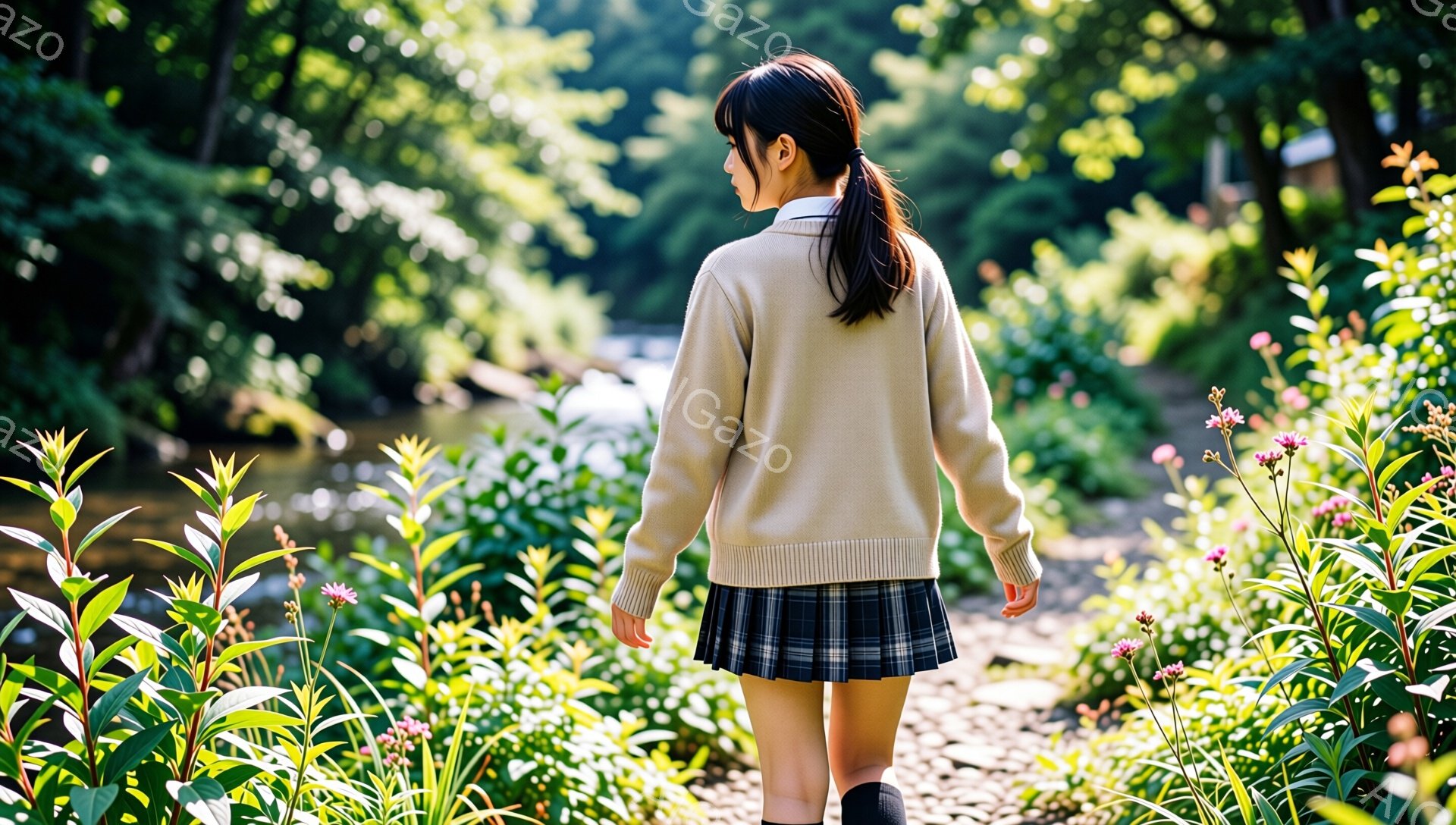 茶髪の少女がベージュ色のカーディガンとチェック柄のスカート、黒い靴下を履いて、小道の中を歩いている。彼女は後ろ姿で、髪はポニーテールに結ばれている。背景には緑豊かな植物と小川があり、穏やかで自然な雰囲気が漂っている。