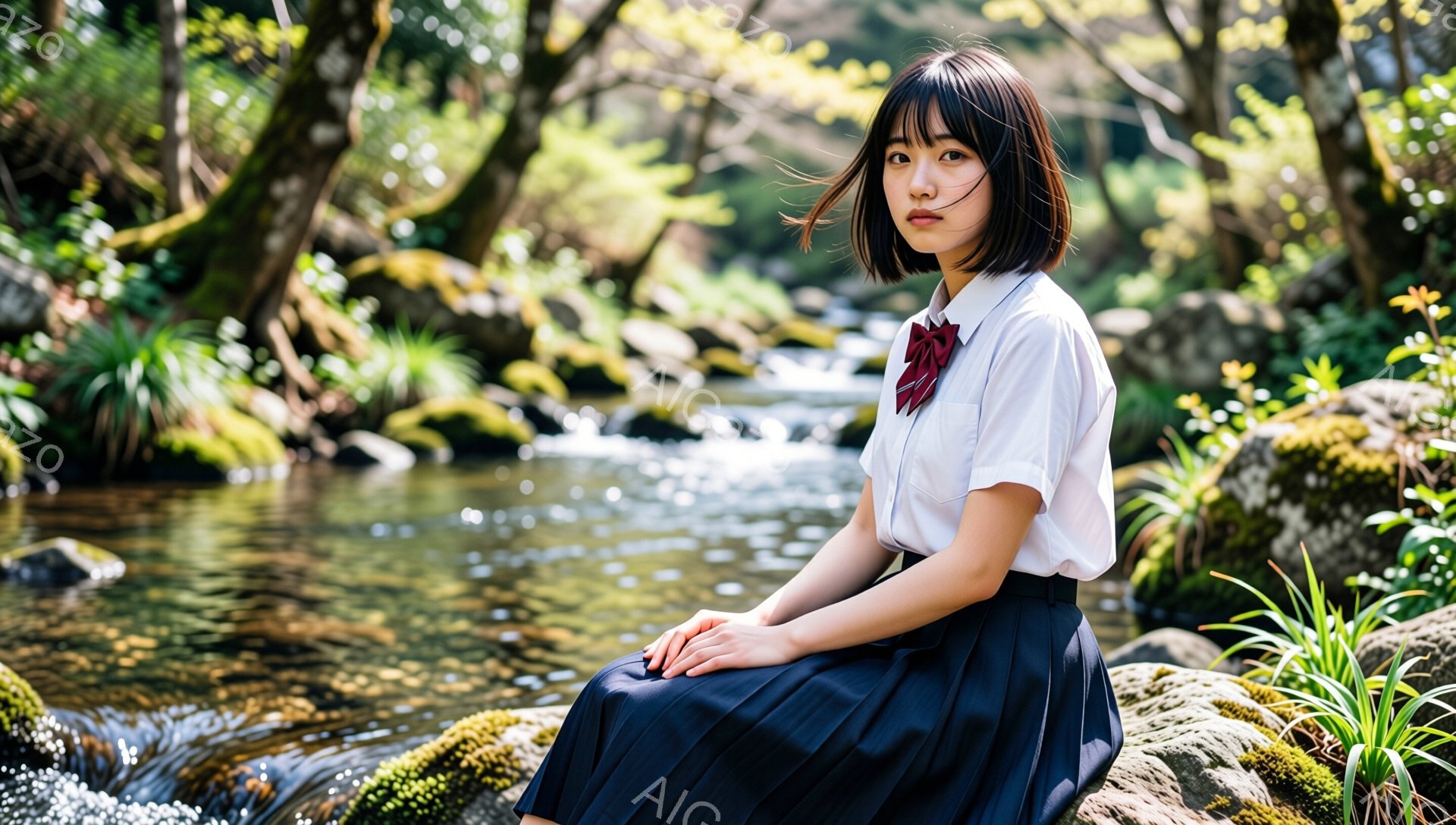 ショートヘアの女性が、白いシャツと紺色のプリーツスカート、赤いネクタイ姿で、岩の上に座っています。彼女は少し憂いを帯びた表情で、カメラの方を見つめており、周囲には緑豊かな自然が広がっています。川の流れと苔むした岩が、静かで穏やかな雰囲気を醸し出しています。