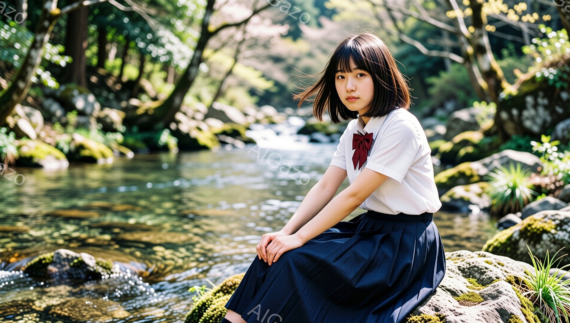 短い黒髪の女性が、白いブラウスとプリーツスカートの制服を着て、川辺の岩の上に座っている。彼女は少し物憂げな表情で、遠くを見つめている。背景には緑豊かな木々や川の流れがあり、穏やかで自然な雰囲気が漂っている。