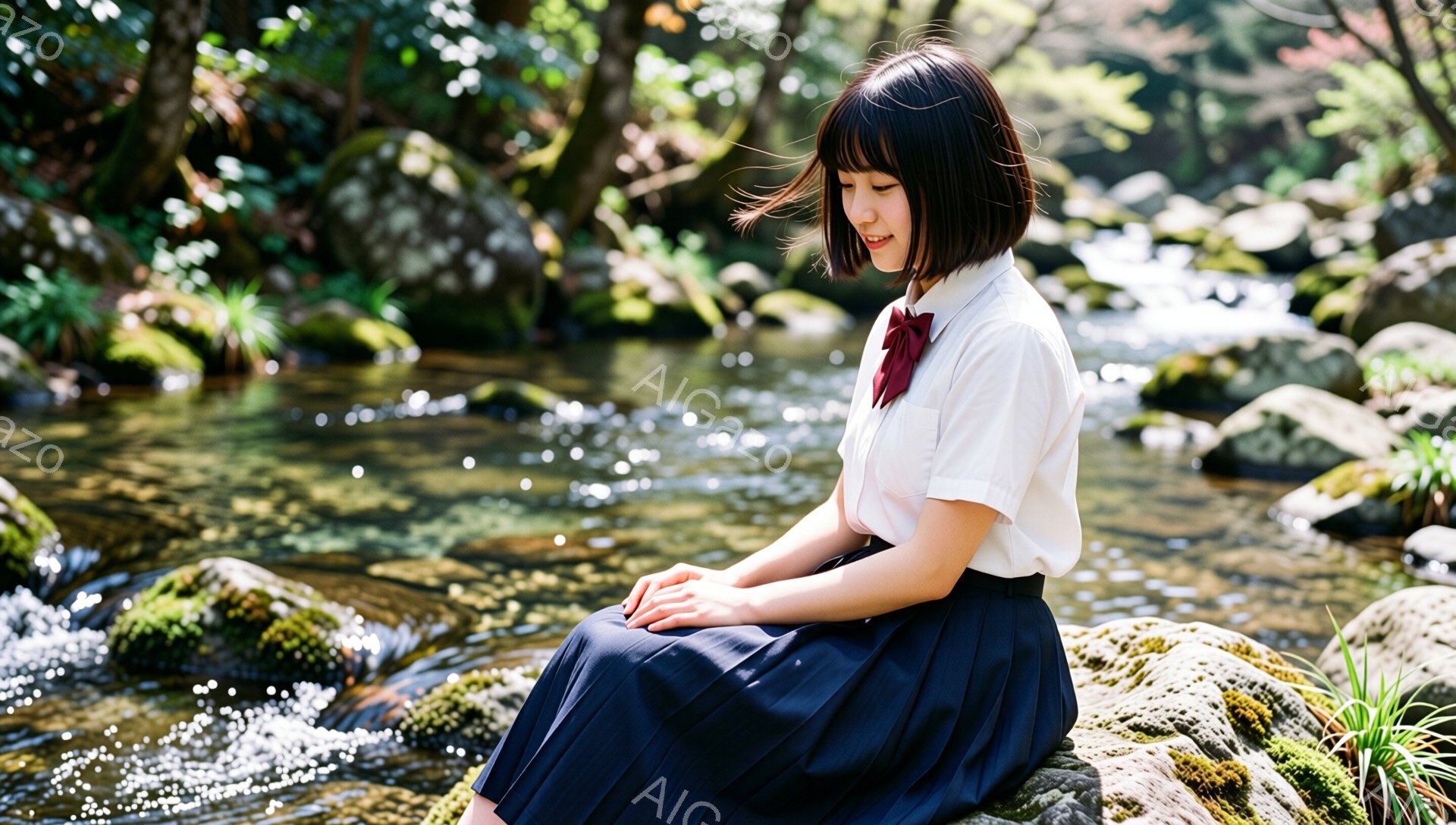 黒髪のショートボブヘアの女性が、白いシャツと紺色のプリーツスカート、赤いリボンを締めて、岩の上に座っている。彼女は物憂げな表情で、水面を見つめている。背景には、緑豊かな植物が生い茂る川があり、日の光が差し込んで明るい雰囲気を作り出している。