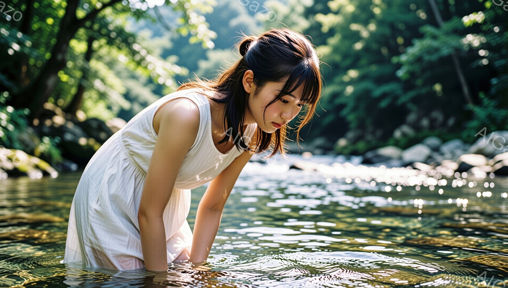 白いワンピースを着た女性が、膝まで水に入って何かを見ている。彼女は前かがみになり、髪は少し濡れて頬に張り付いている。背景には緑豊かな森林と岩場があり、水面は太陽の光を受けてキラキラと輝いている、穏やかで自然な雰囲気が漂う。