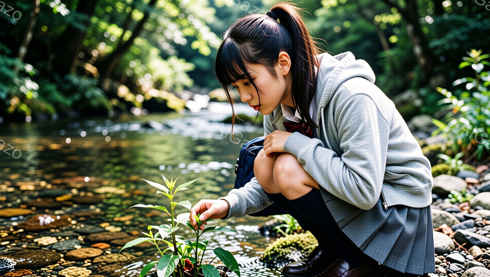 茶髪の少女が川岸でしゃがみ、何か植物を調べている。制服の上にグレーのパーカーを着ており、黒いニーハイソックスと革靴を履いている。背景には緑豊かな木々と、太陽の光が差し込む川の流れがあり、静かで穏やかな雰囲気を感じさせる。