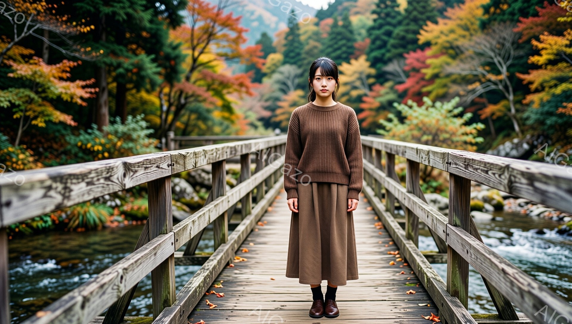 長い茶色のニットセーターとスカートを身につけた若い女性が、木製の橋の中央に立っている。彼女は暗い茶色のブーツを履き、黒髪を肩まで伸ばしたストレートヘアで、表情は穏やかで少し物憂げだ。背景には秋の紅葉が - AI生成フリー素材