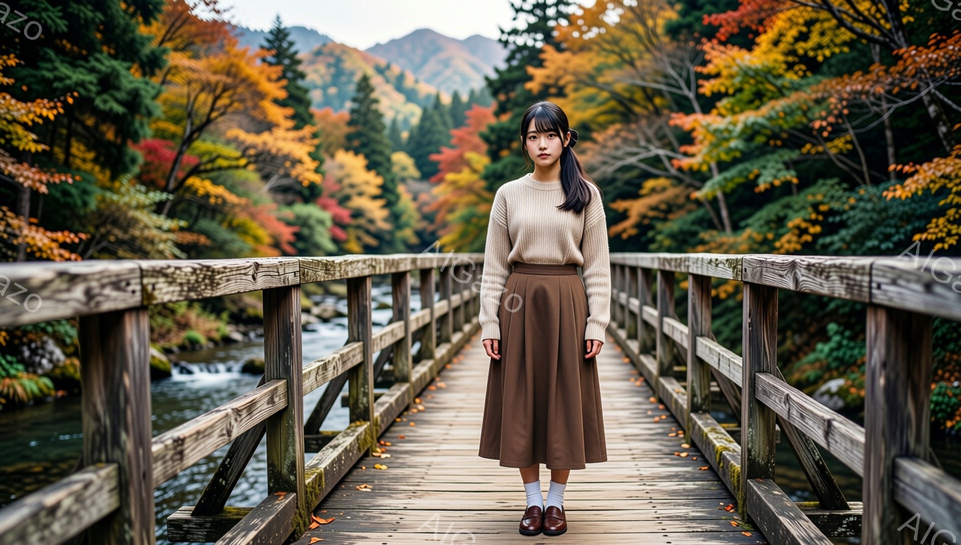 画像には、茶色の木製の橋の上に立つ若い女性が写っています。彼女はベージュのセーターと茶色のロングスカートを着て、白い靴下と茶色の革靴を履いています。背景には、鮮やかな紅葉に染まった山々が広がり、橋の下 - AI生成フリー素材