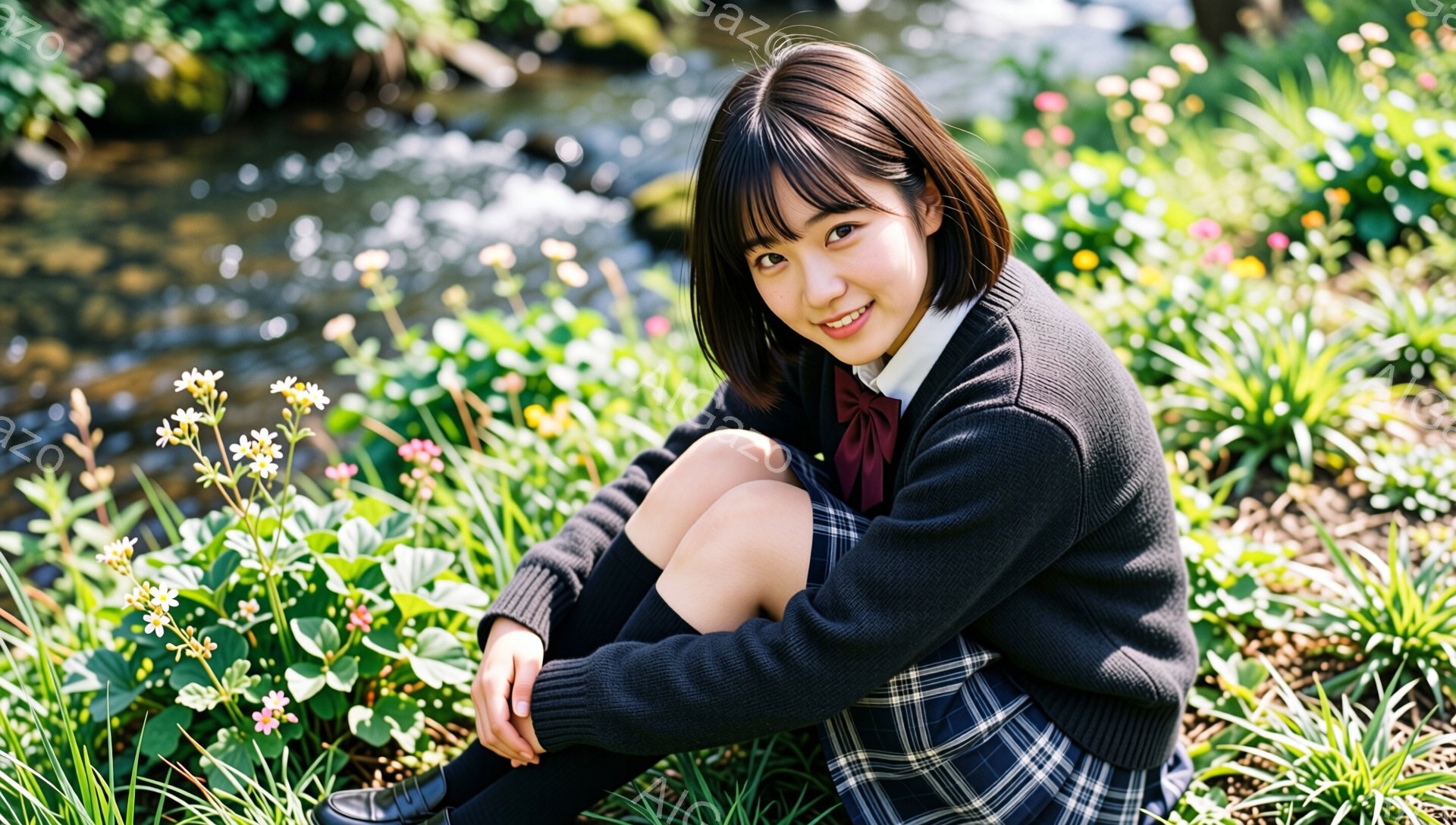 画像には、花々が咲き乱れる草原に座る若い女性が写っています。彼女は紺色のカーディガン、チェック柄のスカート、白いシャツに赤いリボンを身につけ、膝を抱えて微笑んでいます。背景には小川と緑豊かな植物が見ら - AI生成フリー素材