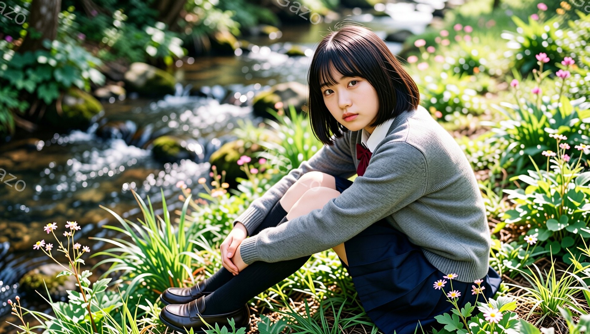 短い黒髪の少女が、緑豊かな自然の中に座っている。彼女はグレーのカーディガン、白いシャツ、紺色のスカート、黒い靴下、革靴を身につけており、制服姿である。少女は膝を抱え、少し憂いを含んだ表情でこちらを見ている。