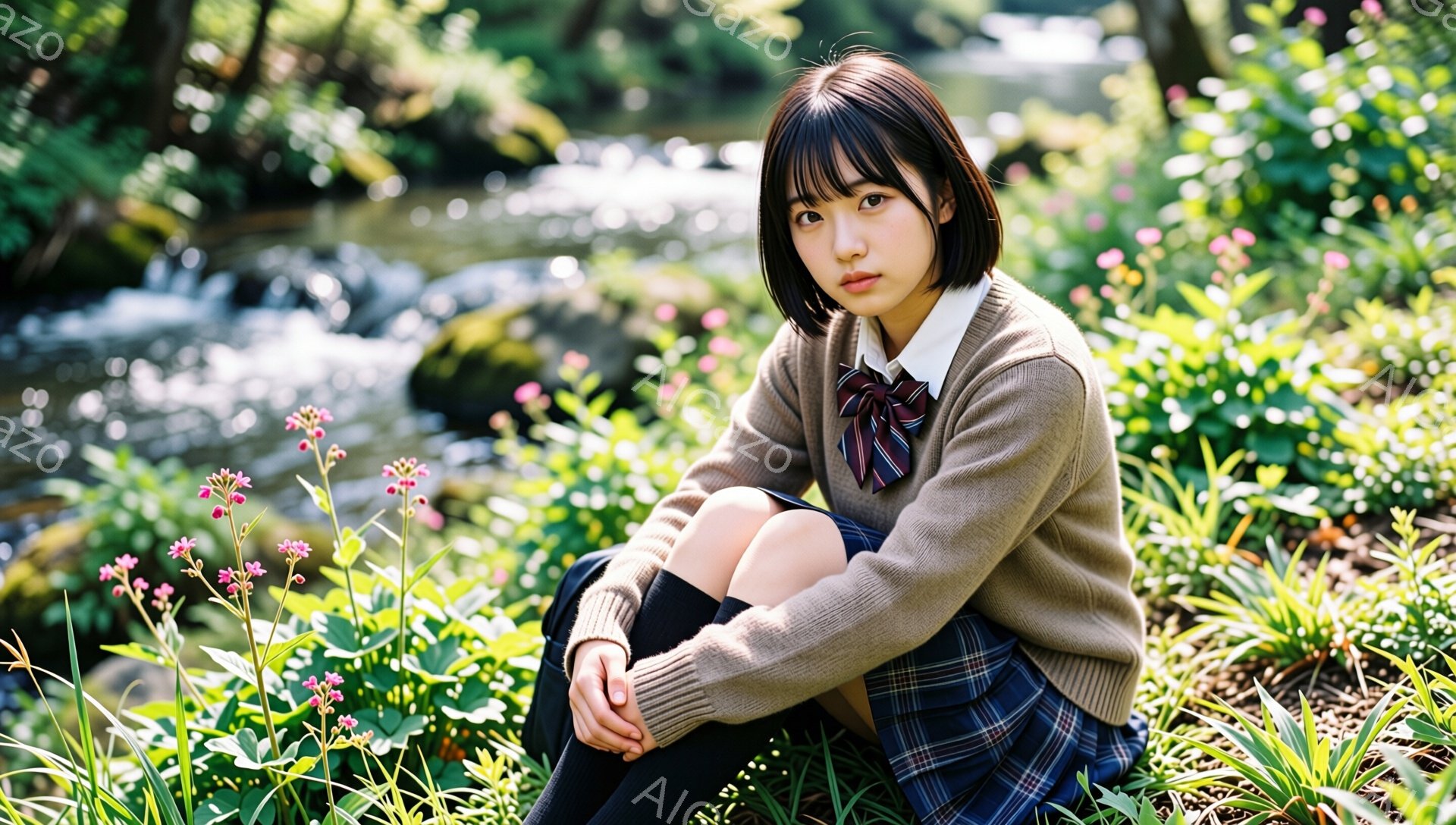 茶髪のショートヘアの女性が、ピンクの花が咲く草むらのそばにしゃがみこんでいます。彼女はベージュのセーターにチェック柄のスカート、黒い靴下を履いており、首にはリボンタイが結ばれています。背景には、太陽の光が差し込む小川と緑豊かな自然が広がっており、どこか物憂げな雰囲気が漂っています。