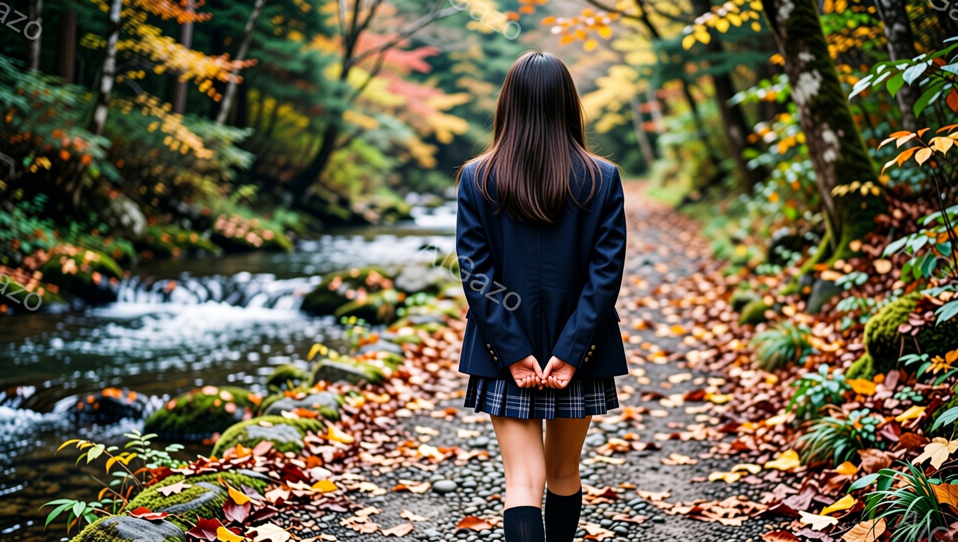 長い黒髪の女性が、チェック柄のスカートと黒のソックス、紺色のブレザーを着て、小川の続く砂利道を行っています。彼女は後ろ姿で、両手を背中に当てて少し寂しげな雰囲気です。背景は紅葉した木々と、小川の水の流 - AI生成フリー素材