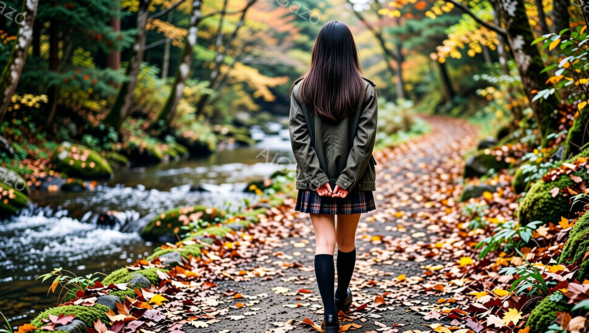 長い黒髪の女性が、落ち葉が敷き詰められた道を歩いている。彼女はチェック柄のスカートと黒い膝下ソックス、そしてオリーブ色のジャケットを着ている。背景には緑豊かな植物と流れる小川があり、秋の穏やかで静かな - AI生成フリー素材
