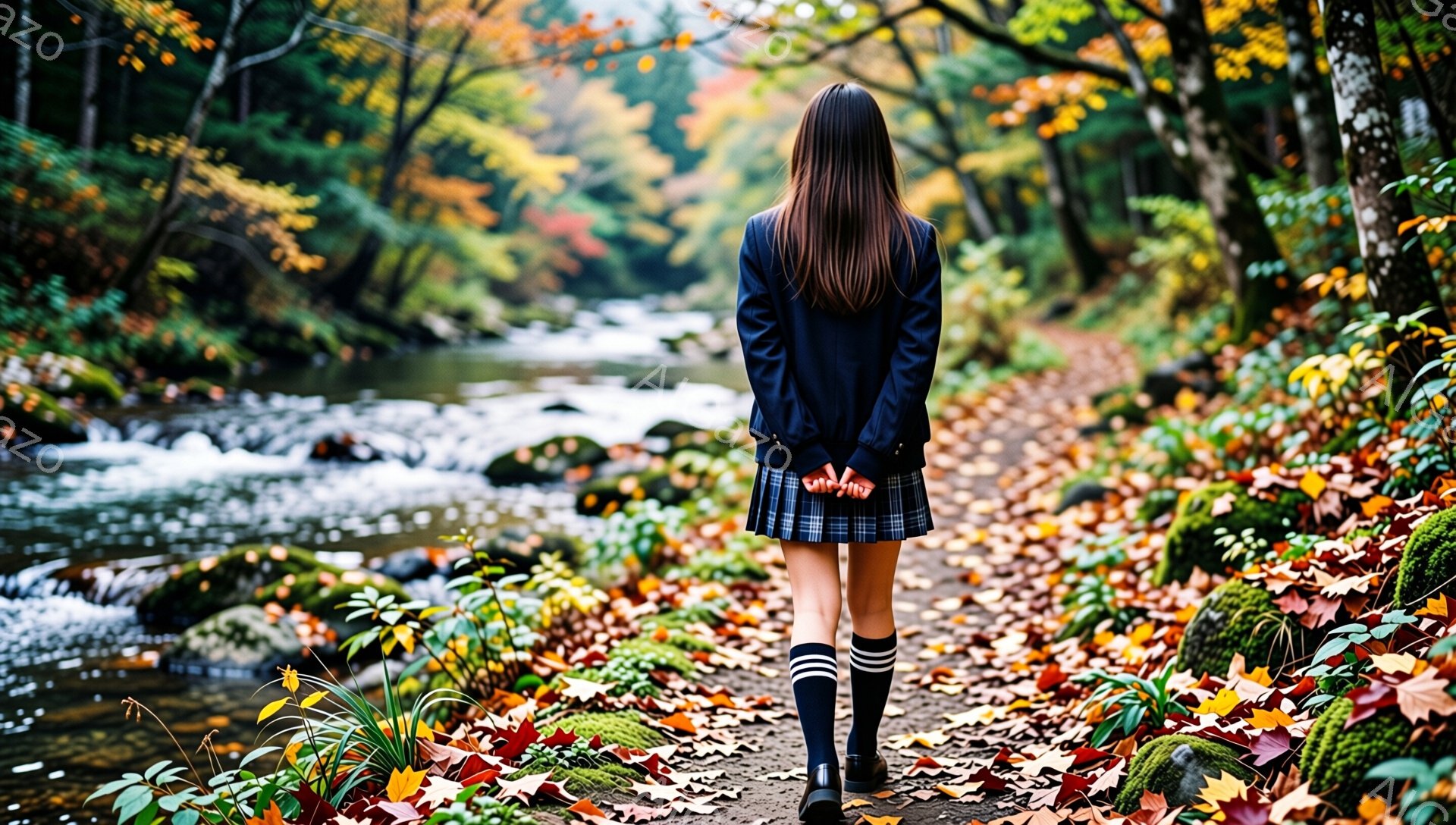 画像は、制服を着た女性が秋の森の小道を歩いている後ろ姿を捉えています。彼女は濃い青色のブレザーとプリーツスカート、ハイソックスを着用し、長い黒髪が背中に伸びています。背景には、苔むした岩々と紅葉の落ち葉が敷き詰められた小道、そして流れのある川が見え、全体的に穏やかでノスタルジックな雰囲気を醸し出しています。