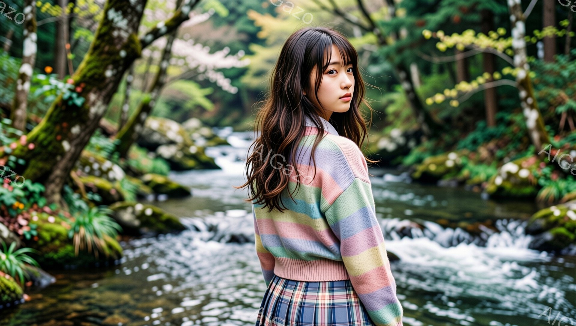 長い茶色の髪を肩から背中にかけて垂らした若い女性が写っている。彼女はパステルカラーのストライプのセーターとチェック柄のスカートを着用し、後ろを振り返っている。背景は緑豊かな森林と流れる川で、湿った苔むした木々が特徴的で、穏やかで自然な雰囲気が漂っている。