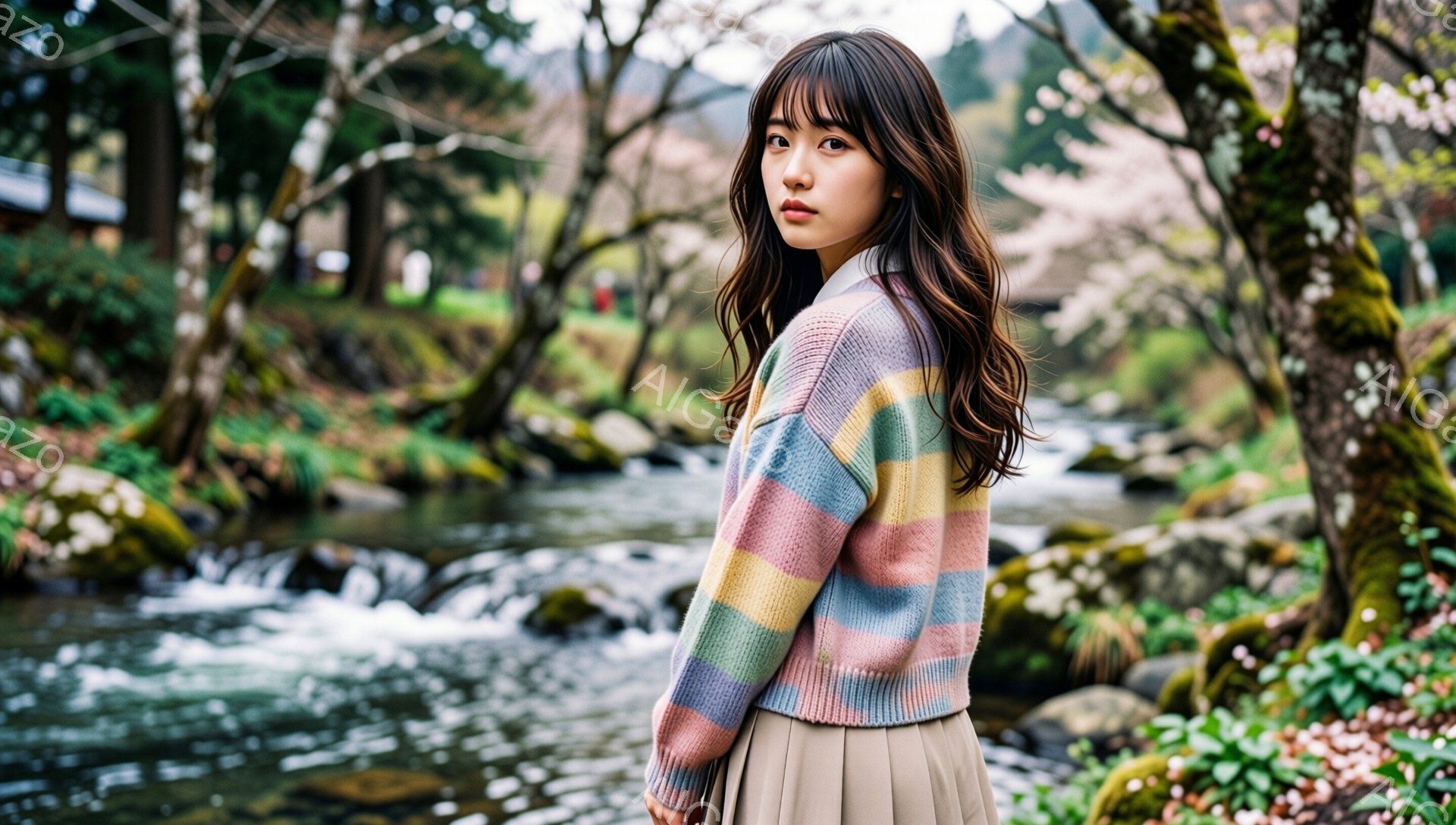 長いダークブラウンの髪を肩で遊ばし、前髪は目にかかるように流した若い女性が写っている。彼女はパステルカラーのストライプのセーターとベージュのプリーツスカートを着用し、わずかに横を向いてカメラを見ている。背景には、岩と水が流れる小川、そして桜の木々が見え、春の穏やかな日を表している。
