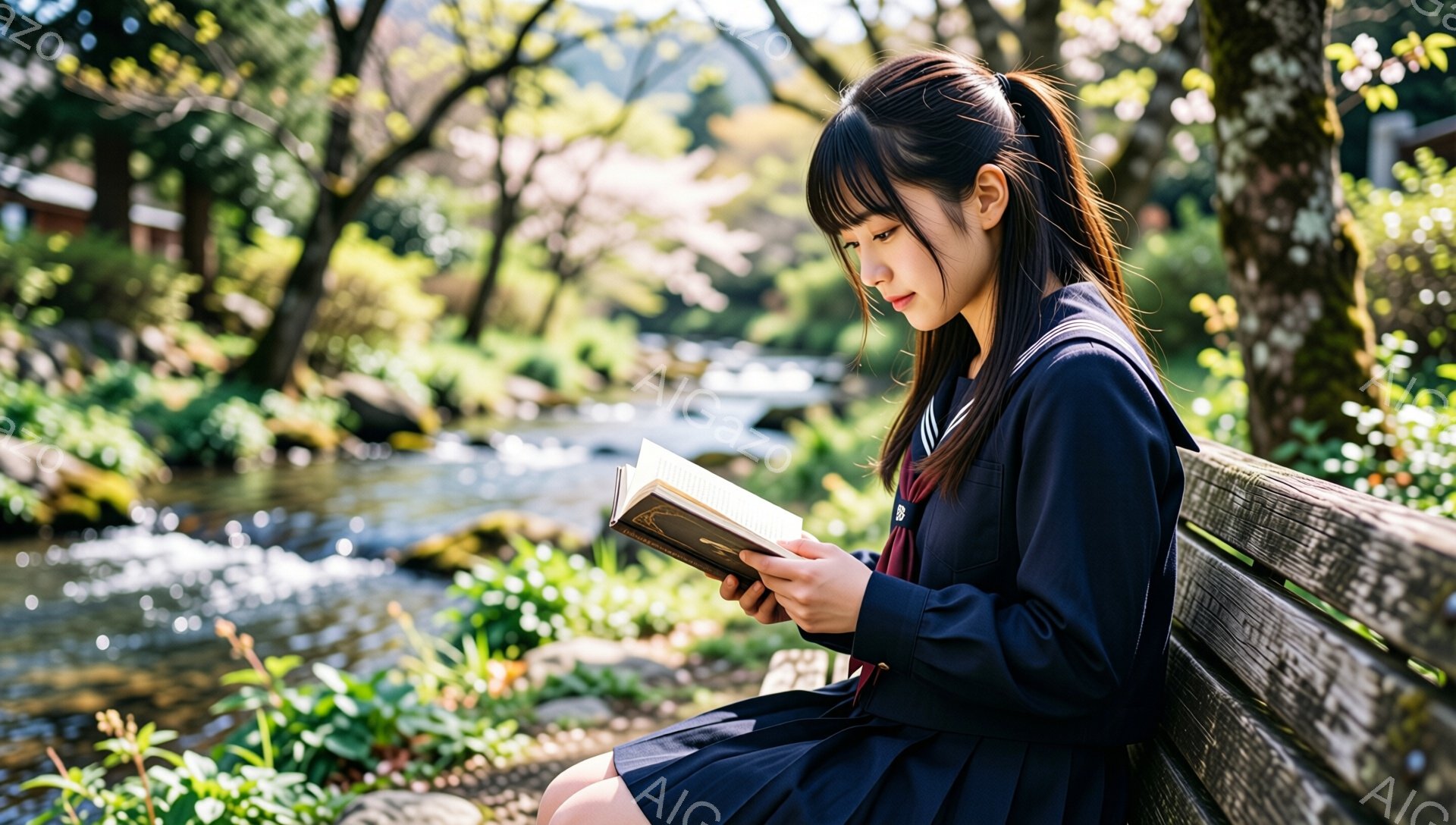画像には、制服を着た若い女性がベンチに座って本を読んでいる様子が写っています。彼女は黒髪で、前髪は目にかかるようにカットされています。背景には、緑豊かな木々や小川があり、春の穏やかな日差しが降り注いで - AI生成フリー素材