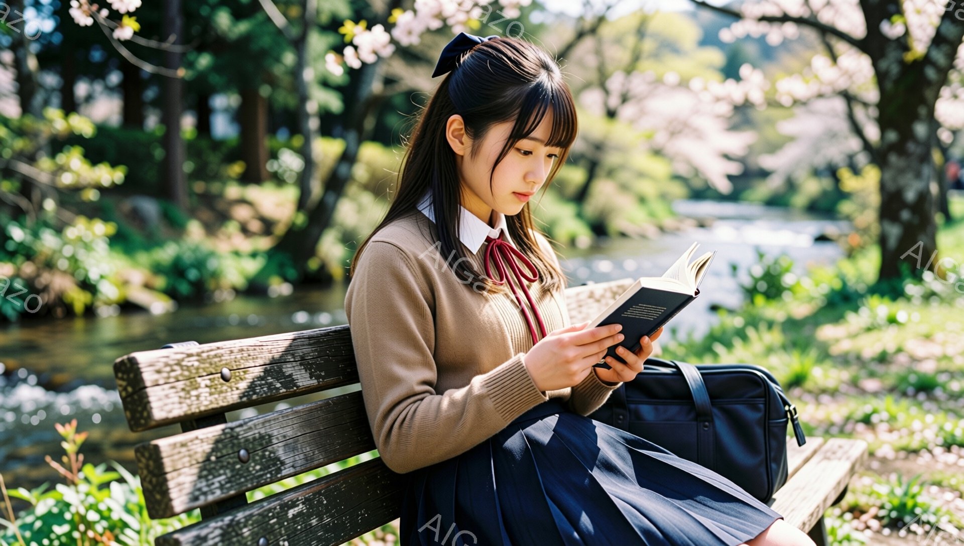 制服を着た少女が公園のベンチに座って本を読んでいる。彼女はベージュ色のカーディガン、白いシャツ、濃い青色のスカートを着用し、髪はリボンで結ばれている。背景には桜の花が咲き乱れ、小川が流れ、穏やかで春らしい雰囲気が漂っている。