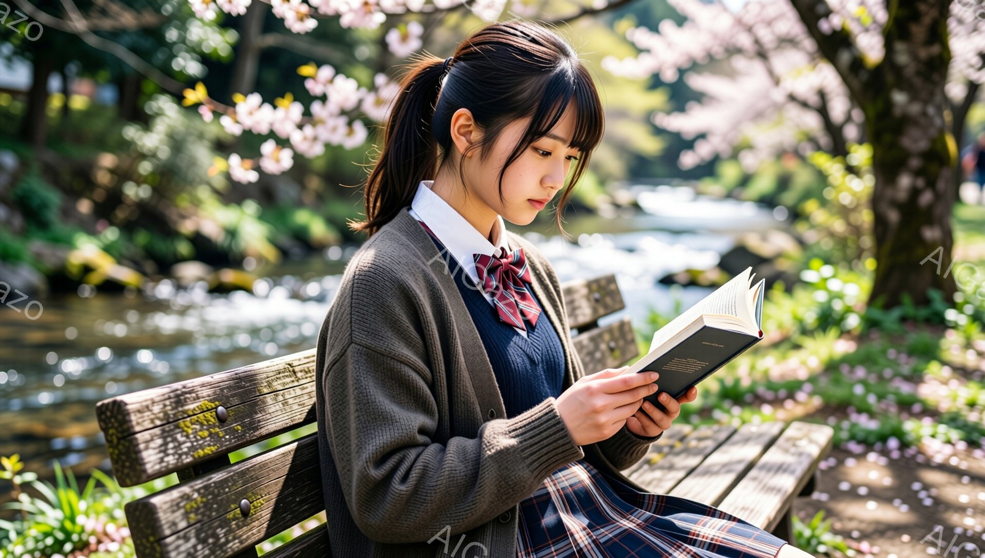 画像には、桜並木と川の近くの木製のベンチに座って本を読む女子高生が写っています。彼女は紺色のセーターにチェックのスカート、茶色のカーディガンを着用し、髪はポニーテールに結ばれています。穏やかな表情で本 - AI生成フリー素材