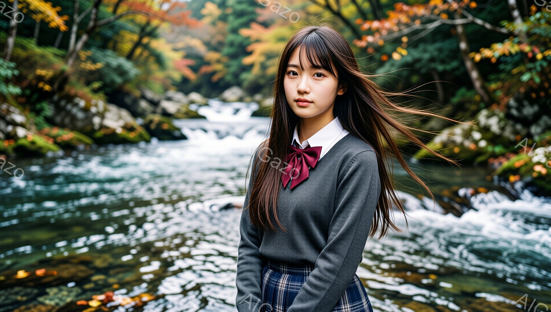 長い茶色の髪を風になびかせた若い女性が写っています。彼女はグレーのセーターにチェック柄のスカートを身につけ、赤いリボンを首に巻いています。背景には、水が流れる川と、紅葉の木々が見え、穏やかで少し寂しげ - AI生成フリー素材