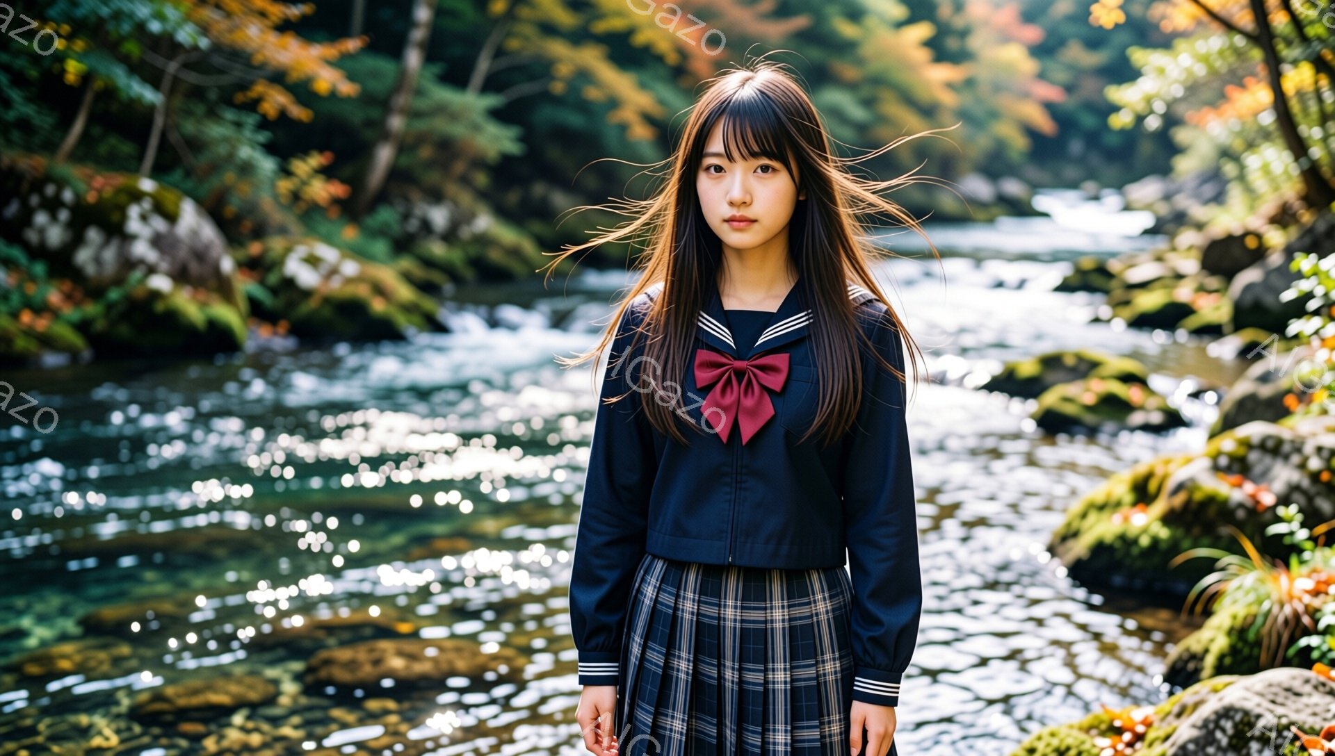 長い黒髪の女性が、紺色のセーラー服とチェック柄のスカートを着て立っている。彼女は正面をまっすぐ見つめ、少し憂いを含んだ表情をしている。背景には、水面がキラキラと輝く川と、秋らしい紅葉した植物が見え、穏 - AI生成フリー素材