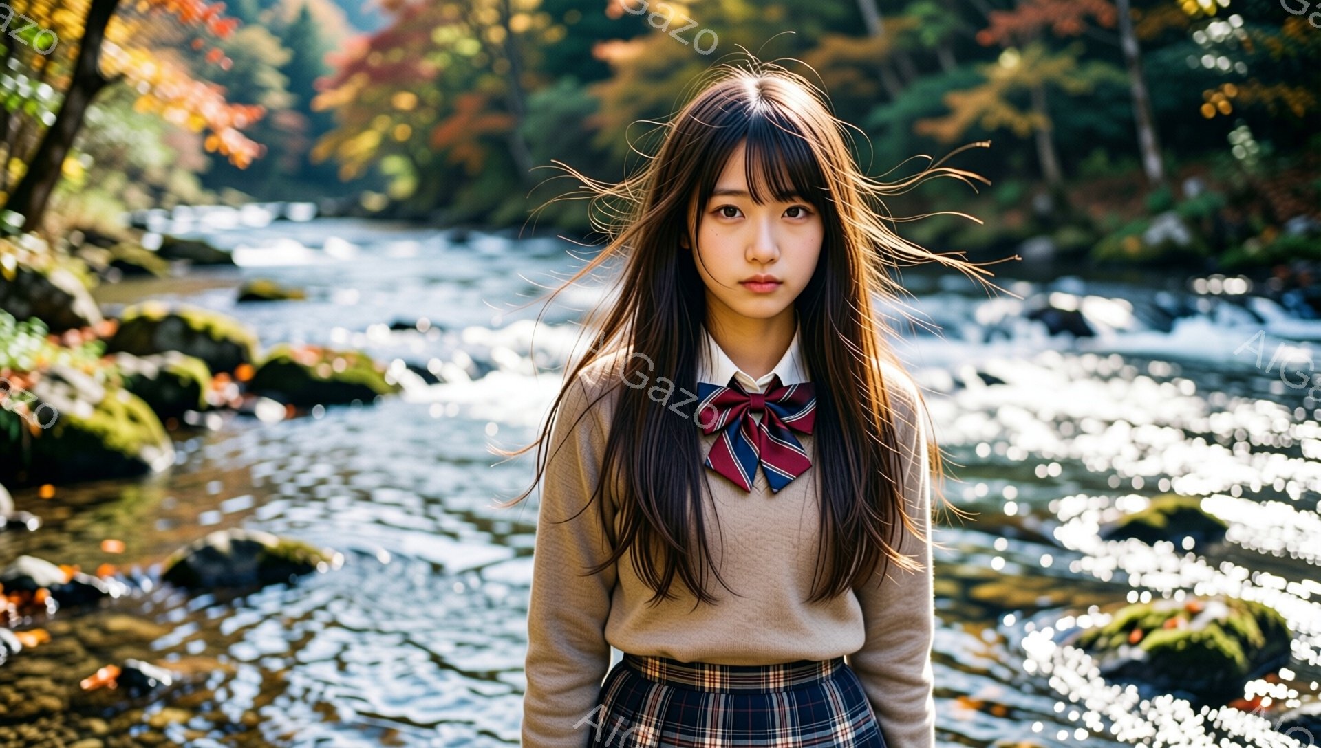 長いストレートヘアの若い女性が、ベージュのセーターとチェック柄のスカート、そして赤いリボンタイを着用して立っています。彼女はカメラを見つめ、穏やかで少し寂しげな表情をしています。背景には、水面が輝く川 - AI生成フリー素材