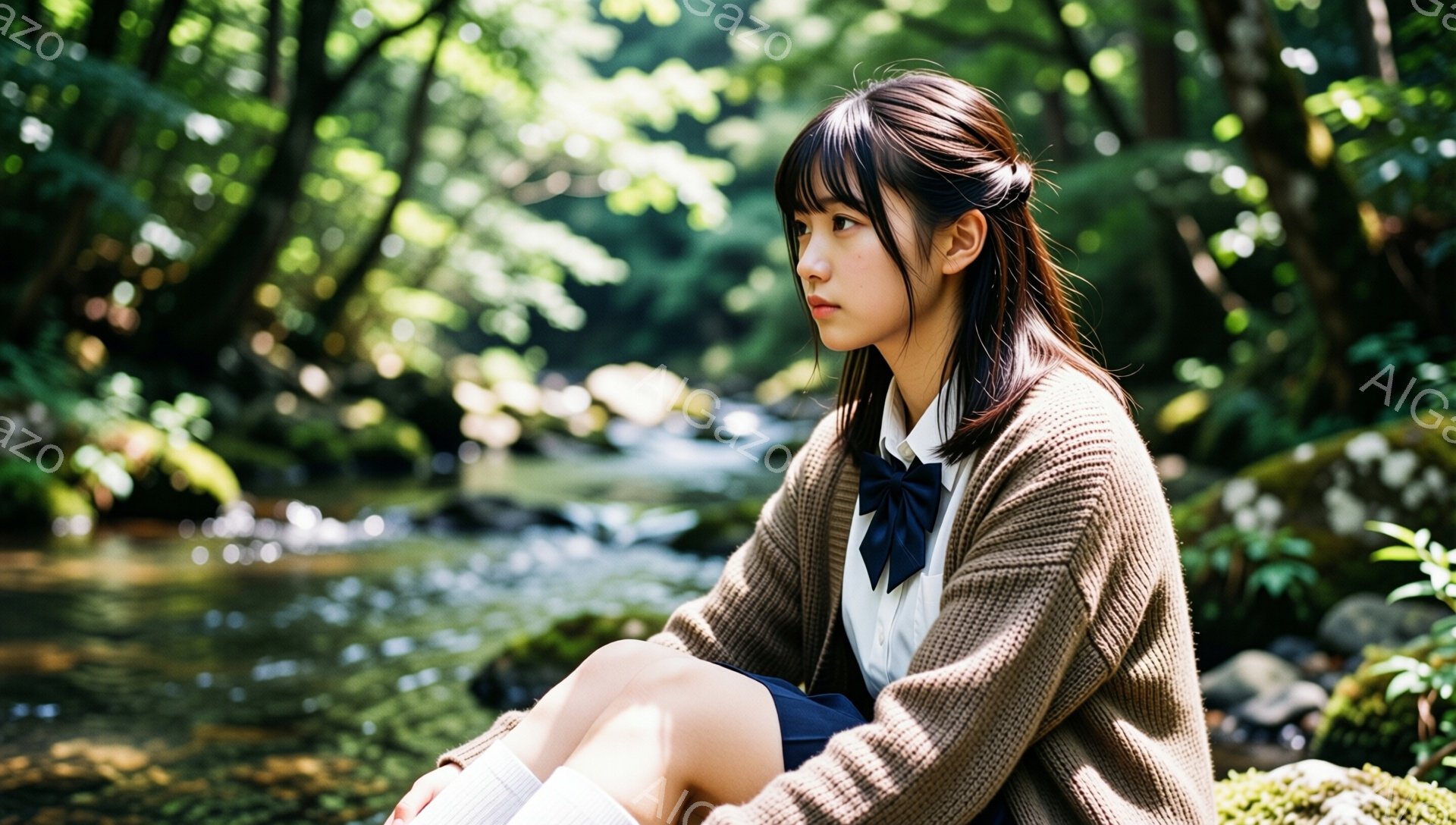 画像には、茶色のカーディガン、白いシャツに濃い青のリボン、そして紺色のスカートを着用した若い女性が写っている。彼女は膝を抱えて緑豊かな背景の岩の上に座っており、少し憂いを帯びた表情で遠くを見つめている。背景には木々が生い茂り、光が差し込み、静かで自然豊かな雰囲気を醸し出している。