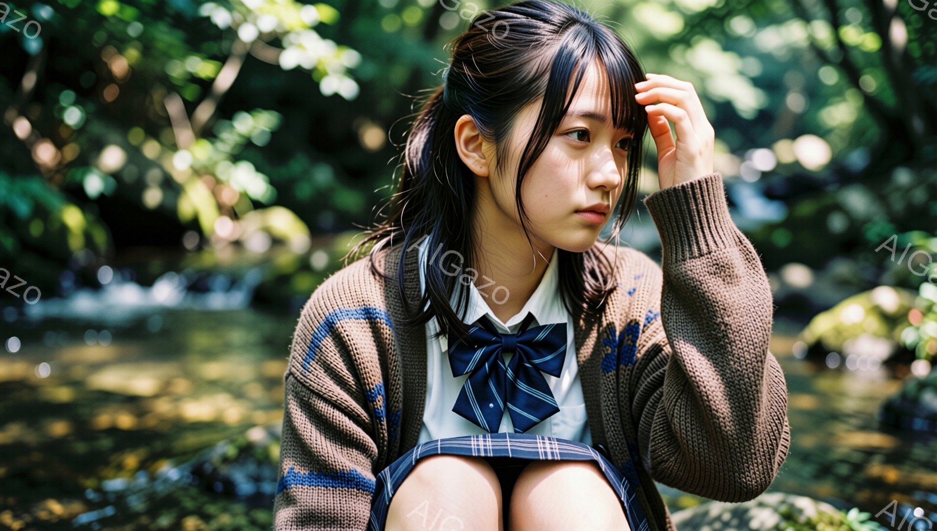 茶色のカーディガンにネイビーのチェック柄スカート、白いシャツとネイビーのリボンを締めた女子高生が写っている。彼女は片手を額に当て、少し憂いを帯びた表情で遠くを見つめている。背景には緑豊かな木々と水面が光る小川があり、柔らかい光が差し込むことで、どこか物憂げで静かな雰囲気が漂っている。