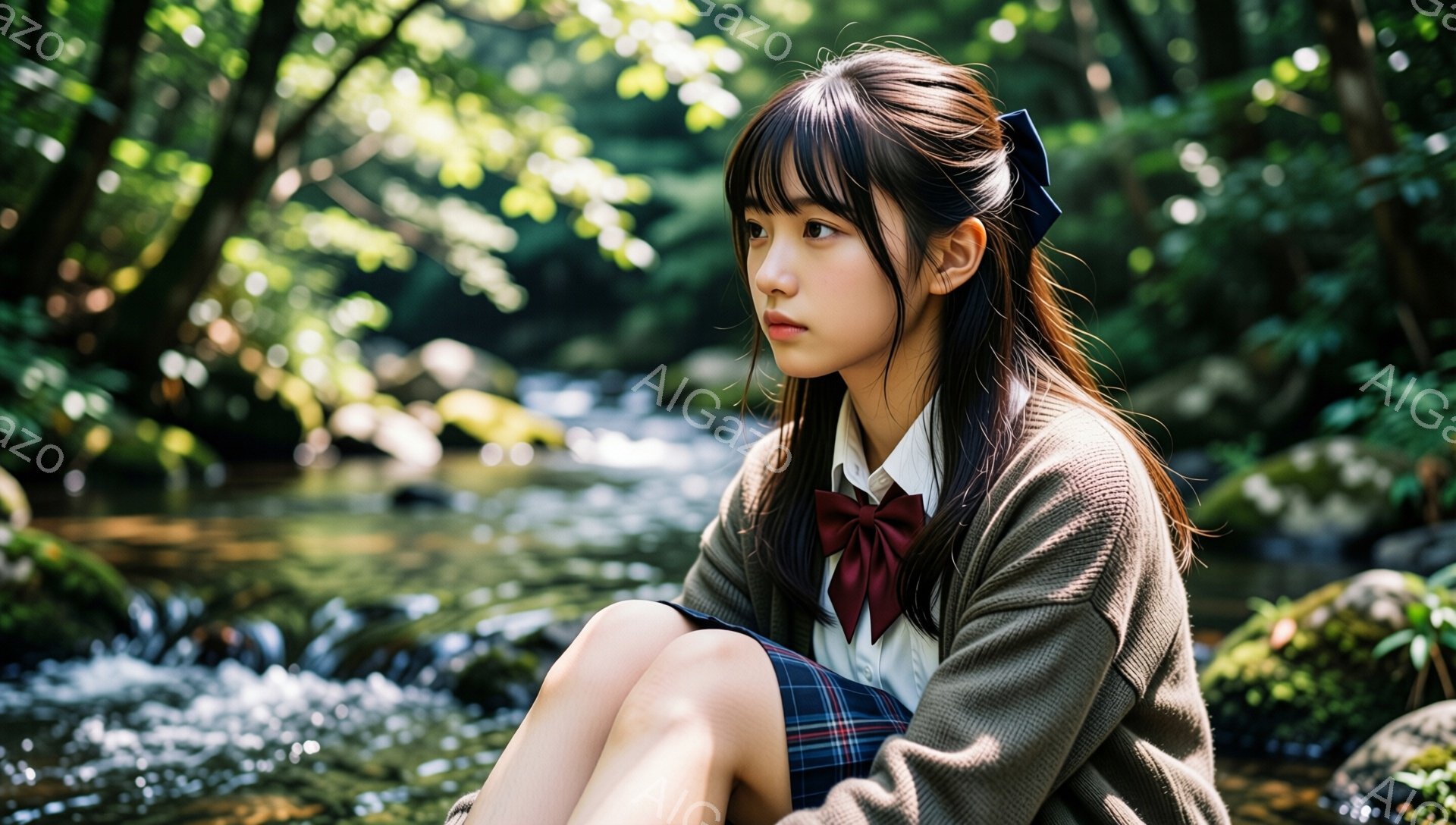 明るい日差しの中で、女子高生が川のそばに座っている。紺色のリボンとチェック柄のスカート、白いシャツにベージュのカーディガンを着ており、少し物憂げな表情で遠くを見つめている。背景は緑豊かな森林で、水の流れが穏やかに光り、静かで落ち着いた雰囲気を醸し出している。