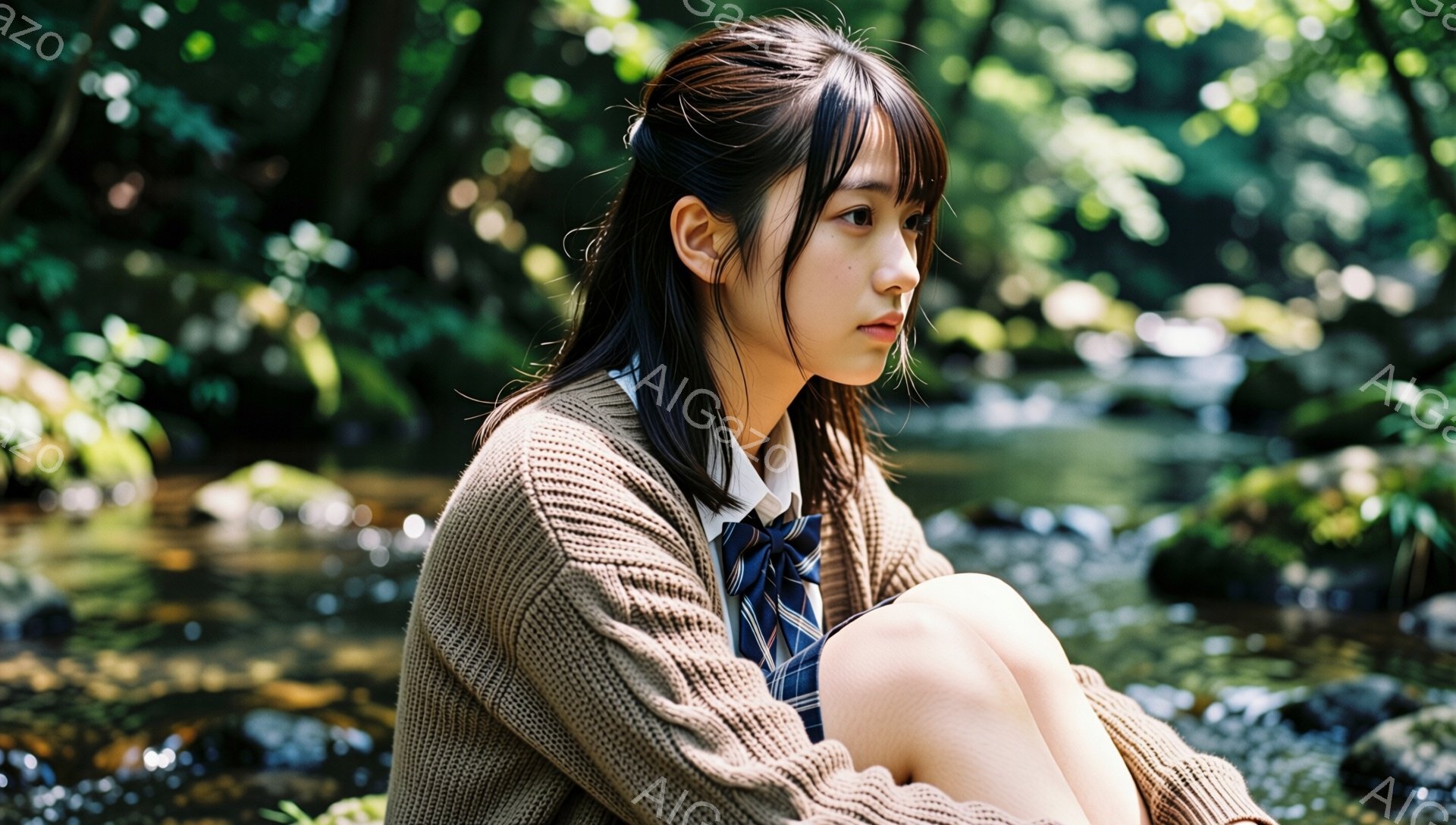 若い女性が、膝を抱えて岩の上に座っています。ベージュのニットカーディガンにチェックのスカート、ネクタイ姿で、制服を着ているようです。背景には緑豊かな自然が広がり、水面がキラキラと輝いています。