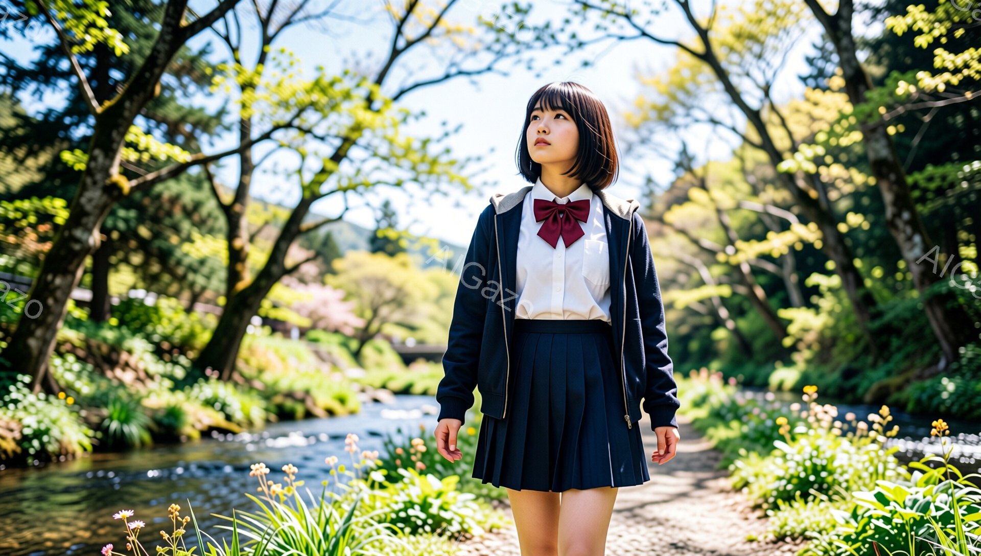 画像には、紺色の制服を着た女子高生が写っている。彼女は白いシャツに赤いリボン、プリーツスカート、紺色のカーディガンを着ており、黒髪のショートボブで、少し上を見つめている表情はどこか憂いを帯びている。背 - AI生成フリー素材