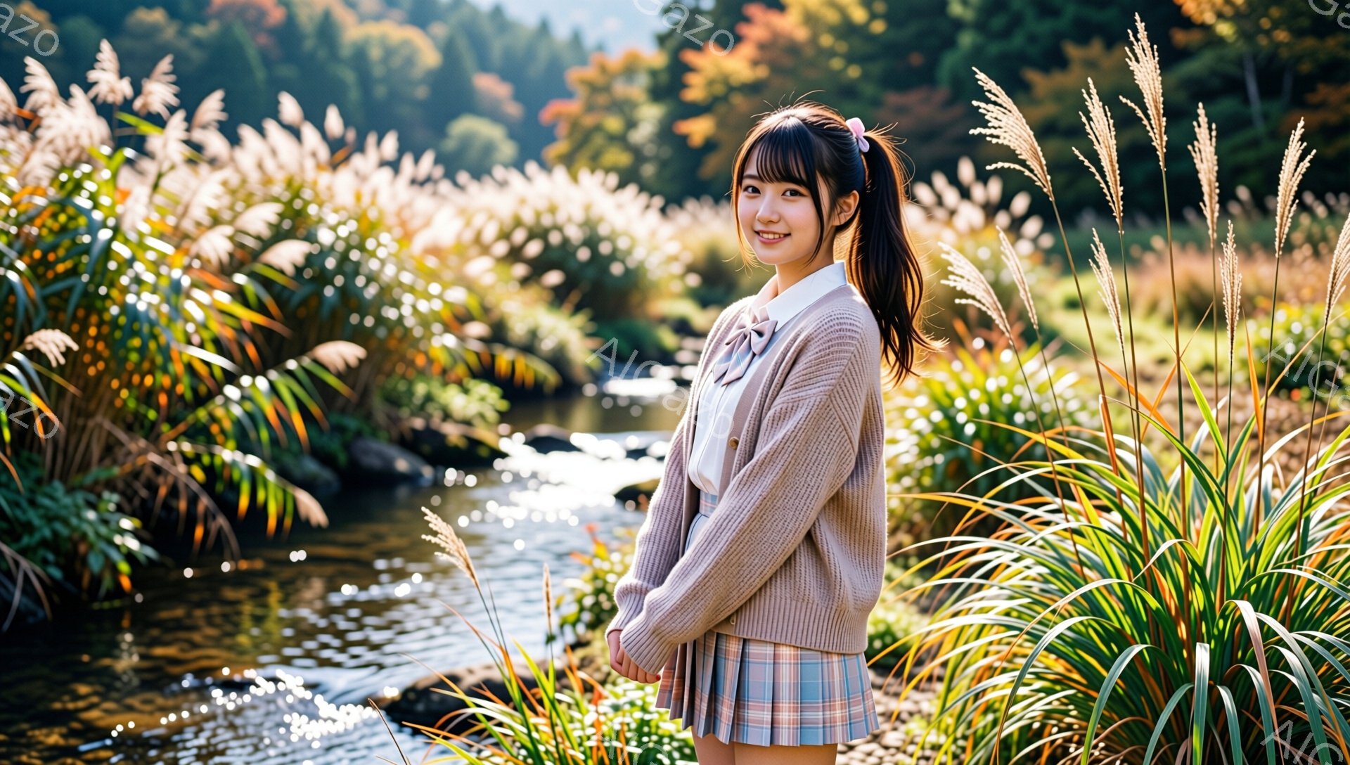 長い髪をポニーテールにした若い女性が、ベージュのカーディガンとチェック柄のスカートを着て、穏やかな表情でこちらを見ている。背景には、草が生い茂る川岸と、秋の紅葉が始まった山々が広がっており、暖かく優しい雰囲気を感じさせる。水面は光を反射し、周囲の植物とともに美しい風景を作り出している。