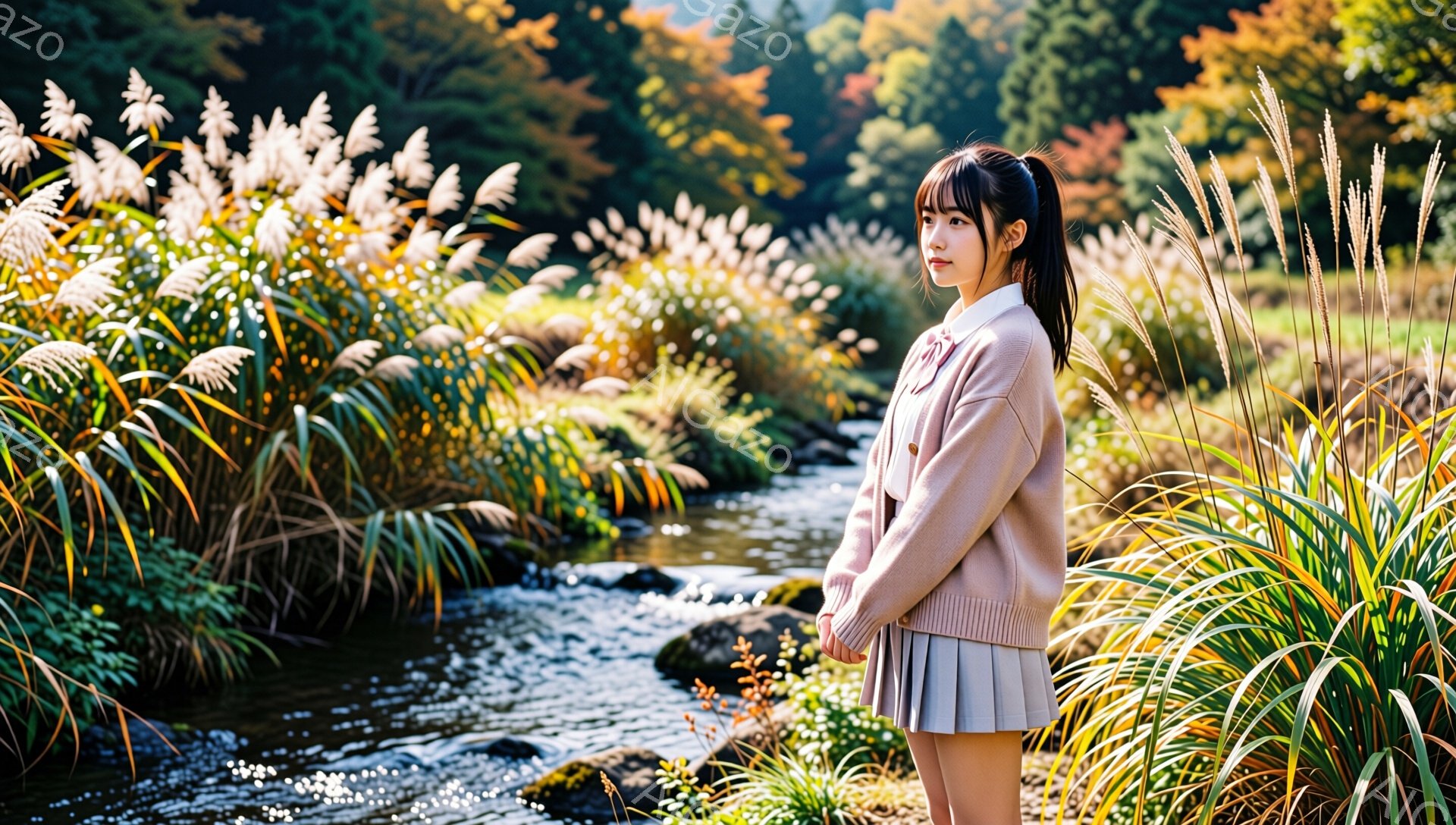 明るいピンク色のカーディガンとプリーツスカートを身につけた若い女性が写っている。彼女は髪をポニーテールにし、少し微笑みながら横を向いており、リラックスした雰囲気を醸し出している。背景には、背の高い芒や - AI生成フリー素材