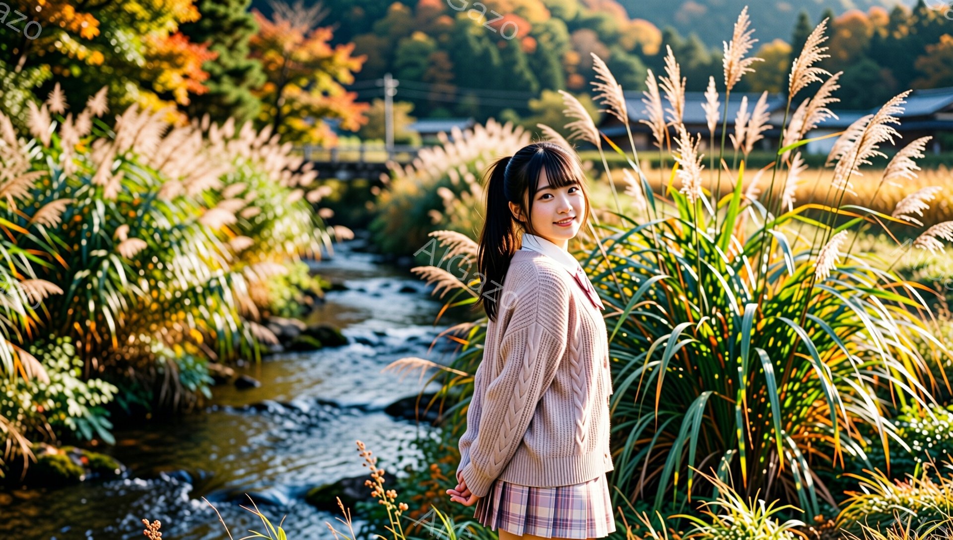 明るい笑顔を浮かべた若い女性が、ピンクと紫のチェック柄のスカートと、淡いピンクのケーブルニットセーターを着ています。彼女は髪をハーフアップにしており、背景にはススキの原と小川、そして遠くに見える建物と紅葉した木々があります。全体的に暖かく、秋の穏やかな雰囲気が漂う写真です。