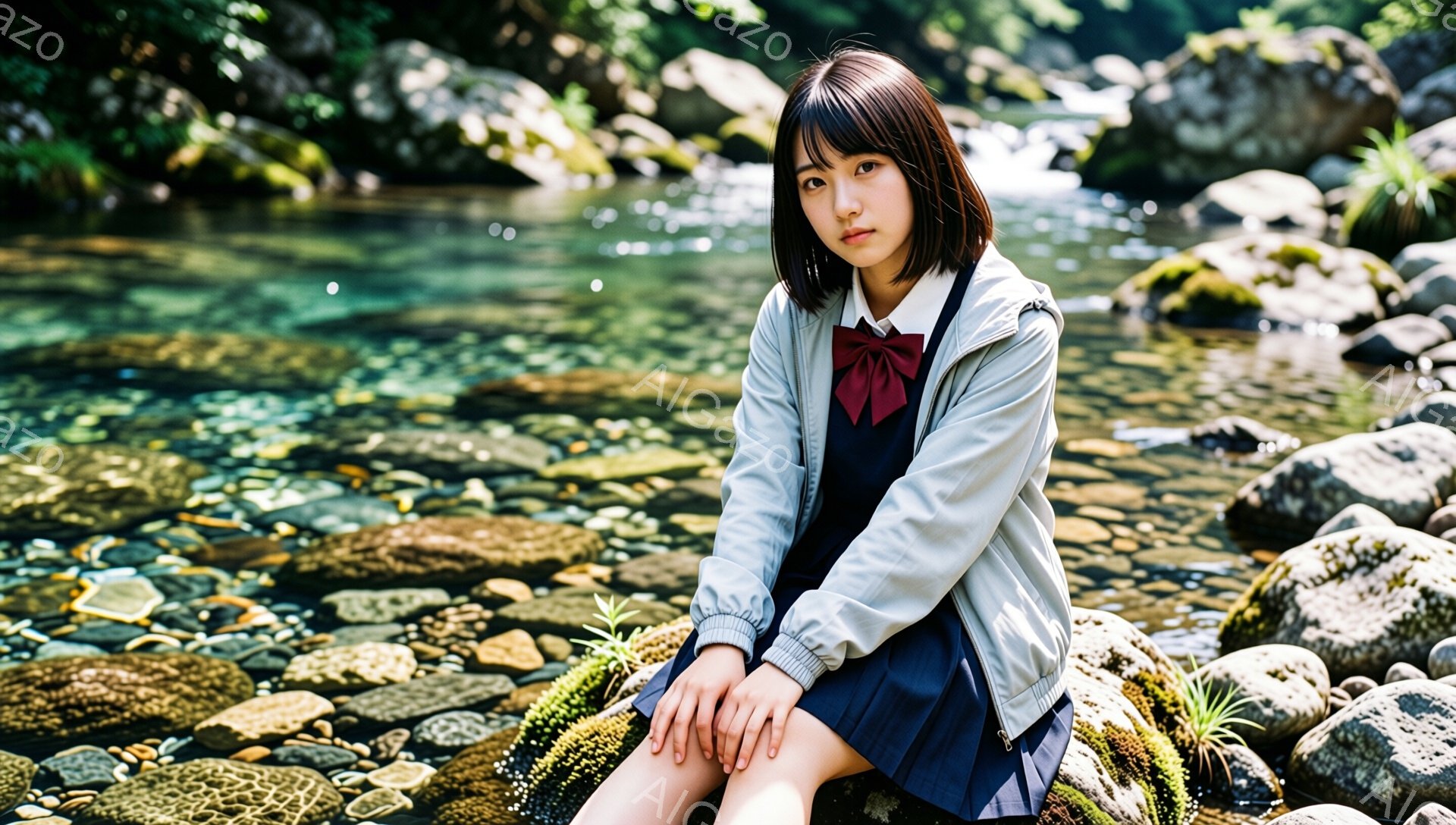 ショートカットの茶髪の少女が、白いジャケットと濃い青色のスカート、赤いリボン付きのブラウスを着ています。彼女は岩の上に座り、両膝を揃えて少し前かがみになり、穏やかで少し物憂げな表情をしています。背景は緑豊かな自然で、岩場と水が流れ、日差しが差し込み、爽やかで少し寂しげな雰囲気が漂っています。