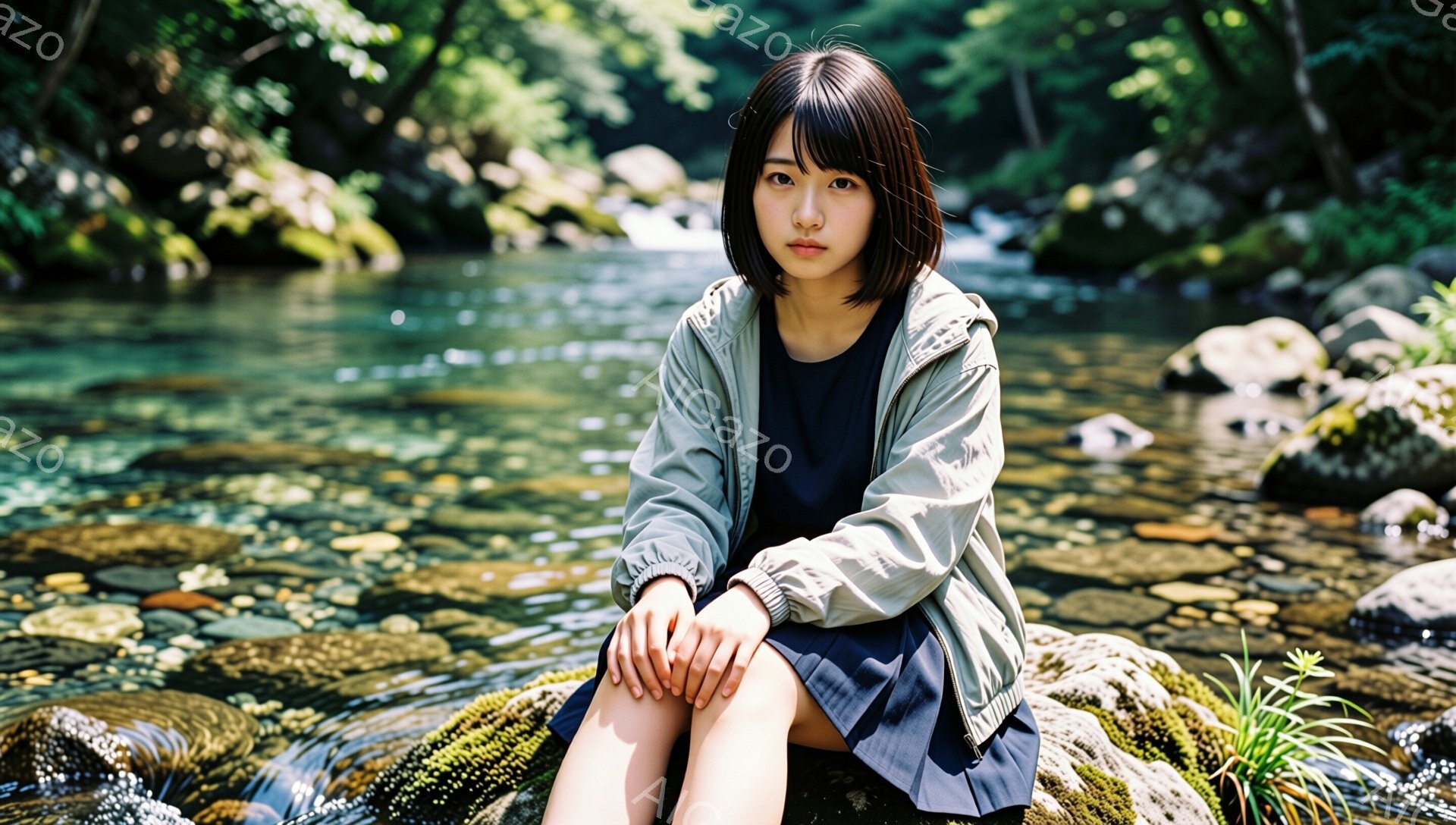 ショートヘアの若い女性が、苔むした岩の上に座ってこちらを見ています。彼女は濃い青色のスカートと、明るい緑色のウィンドブレーカーを着ています。背景は緑豊かな森林と澄んだ川で、静かで穏やかな雰囲気が漂っています。