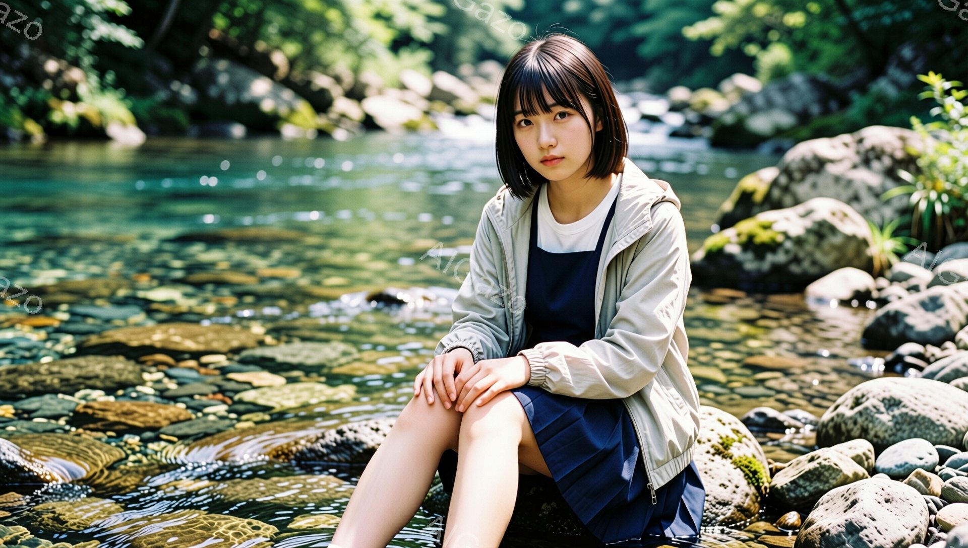 若い女性が川辺の岩の上に座っており、紺色のワンピースに薄いベージュのジャケットを羽織っています。彼女は前髪を短く切りそろえたダークブラウンの髪をしており、表情は穏やかで少し物憂げです。背景には緑豊かな木々が茂り、水面は太陽の光を反射してキラキラと輝いており、全体的に静かで自然な雰囲気を醸し出しています。