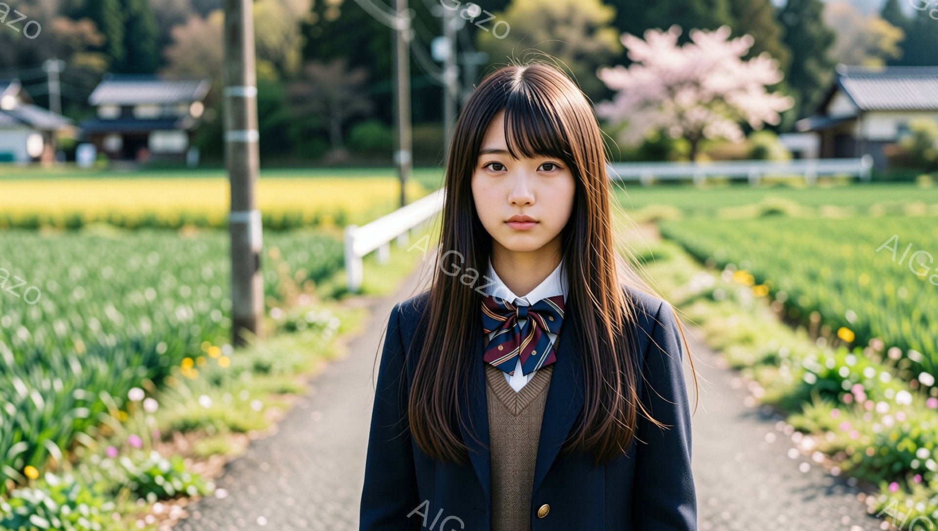 茶髪の長い髪を肩まで伸ばした少女が、紺色のブレザー、茶色のセーター、チェック柄のネクタイという制服を着て立っています。彼女は少し緊張した表情でカメラを見ており、姿勢はまっすぐです。背景には、黄色い花畑と日本の伝統的な家屋が点在し、空は晴天で穏やかな春の日の雰囲気です。