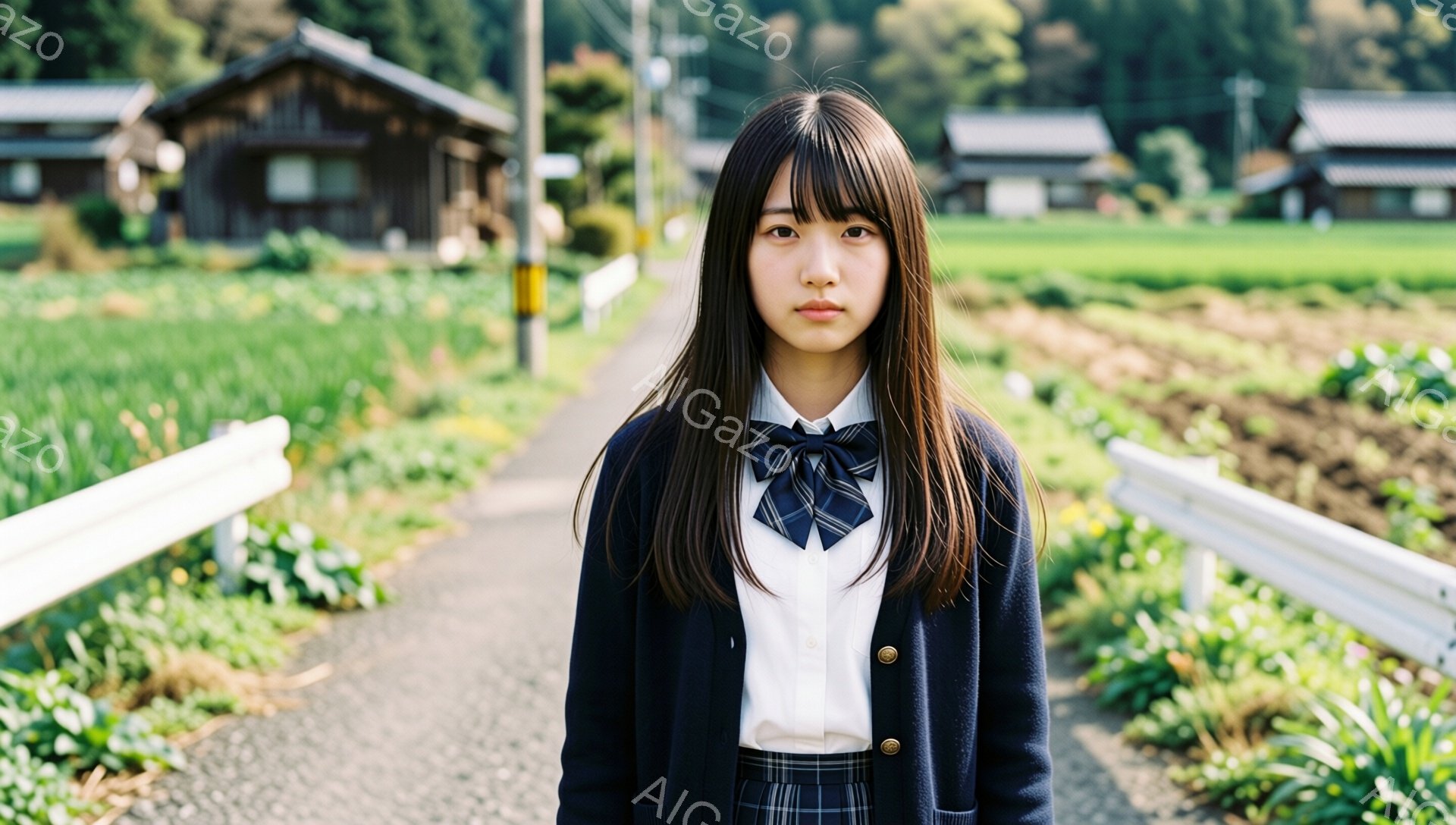 画像には、紺色のブレザーに白いシャツとチェックのスカートを着用した若い女性が写っています。彼女は長い黒髪で前髪を伸ばし、少し憂いを含んだ表情をしています。背景には、農地と日本の伝統的な家屋が広がり、穏やかで少し寂しげな雰囲気を醸し出しています。