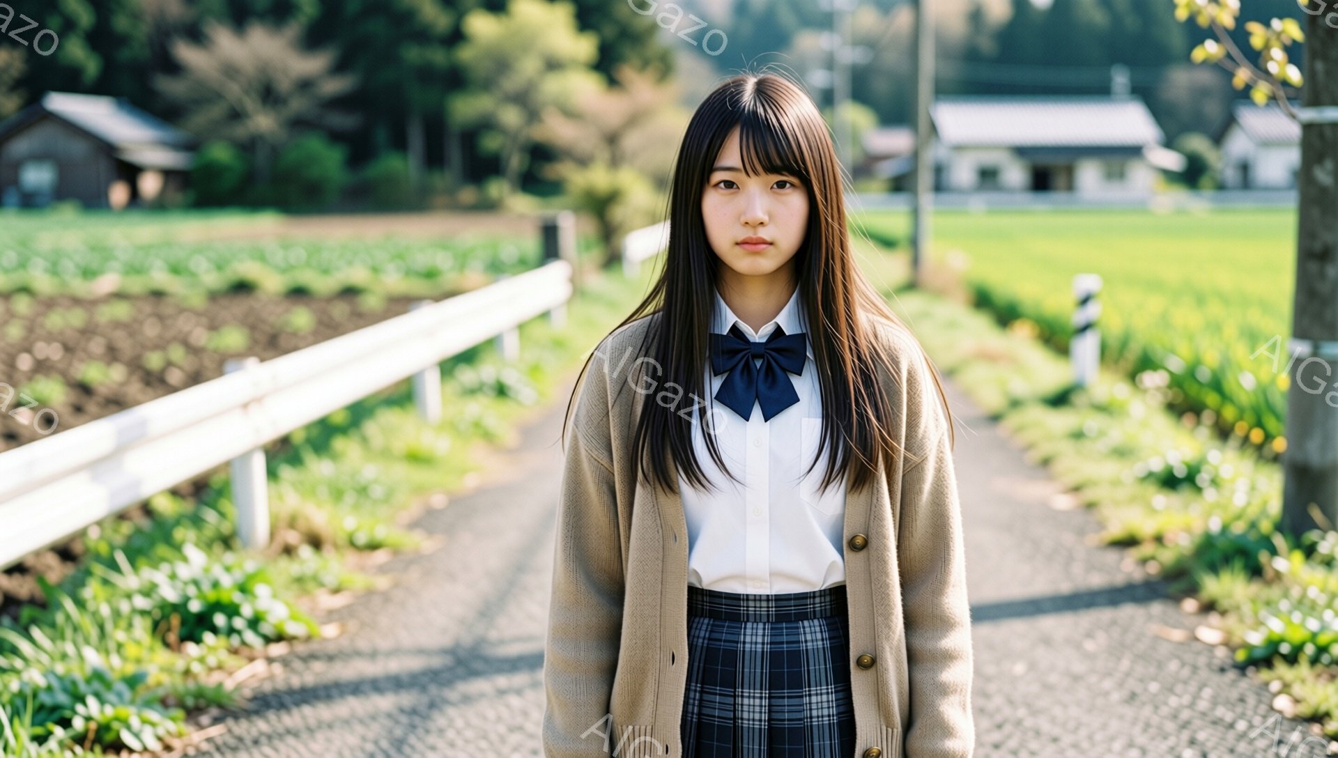 少女は、白いシャツに紺色のリボン、チェック柄のスカート、ベージュのカーディガンを着ています。彼女は長くストレートな黒髪で、少し憂いを帯びた表情で正面を見つめています。背景には、農地と小さな家々が広がり、春の穏やかな日差しが差し込んで、どこか懐かしい雰囲気を醸し出しています。
