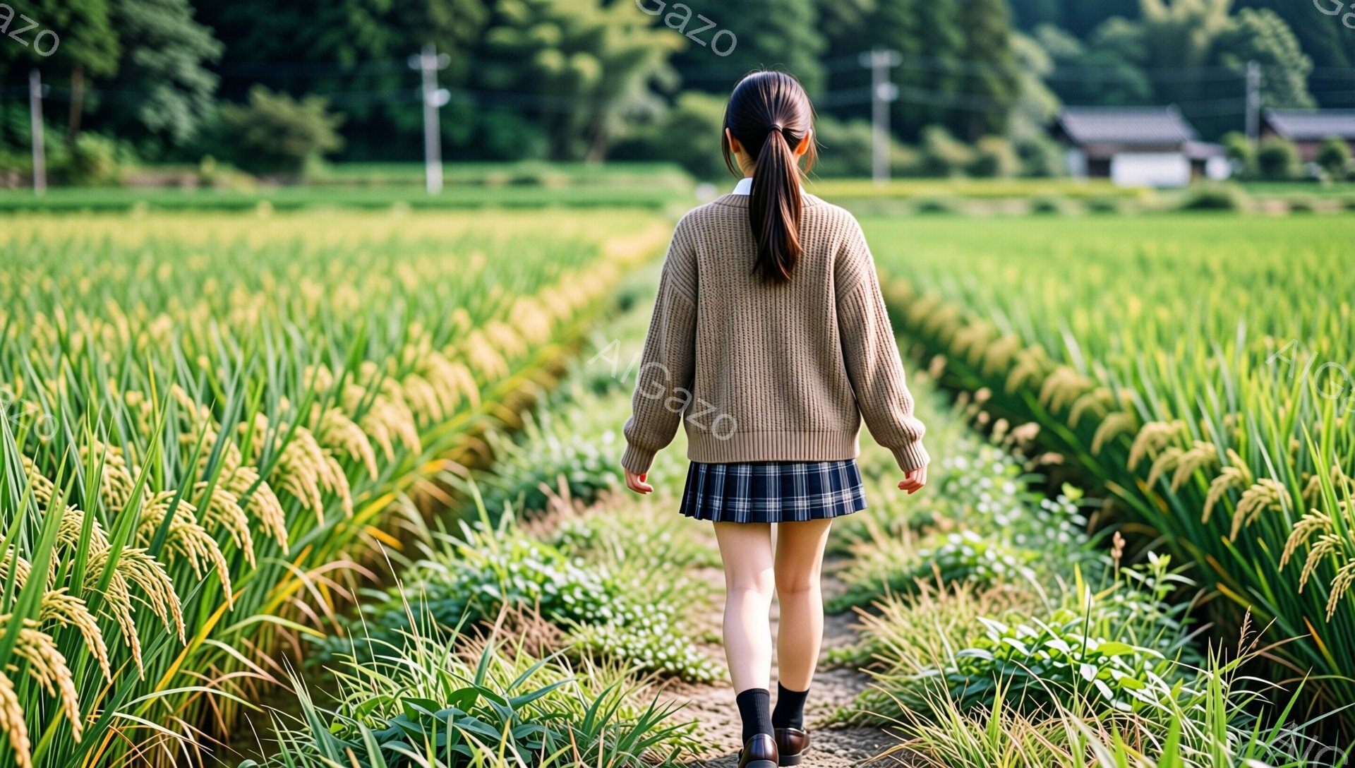若い女性が田んぼの中を歩いている後ろ姿が捉えられています。彼女はベージュのセーターとチェックのプリーツスカートを着用し、髪は後ろでポニーテールに結ばれています。背景には緑豊かな田んぼが広がり、遠くに建物や電柱が見え、晴れた日の穏やかな田園風景が広がっています。