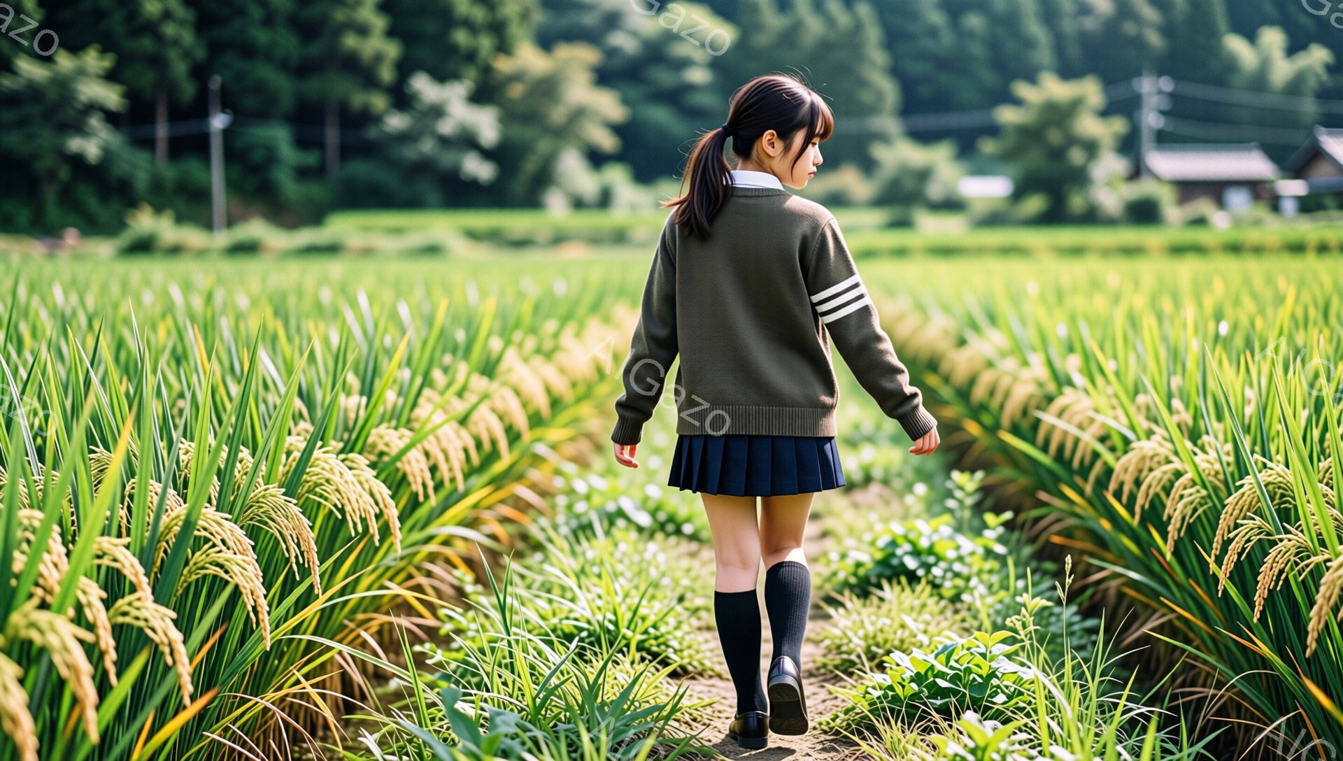 緑豊かな田んぼの中に、紺色のスカートと黒い靴下を履いた少女が立っている。彼女はグレーのセーターを着ており、髪は後ろでポニーテールに結ばれている。背景には、田んぼに囲まれた日本の伝統的な家屋が見え、晴れた日の穏やかな田園風景が広がっている。