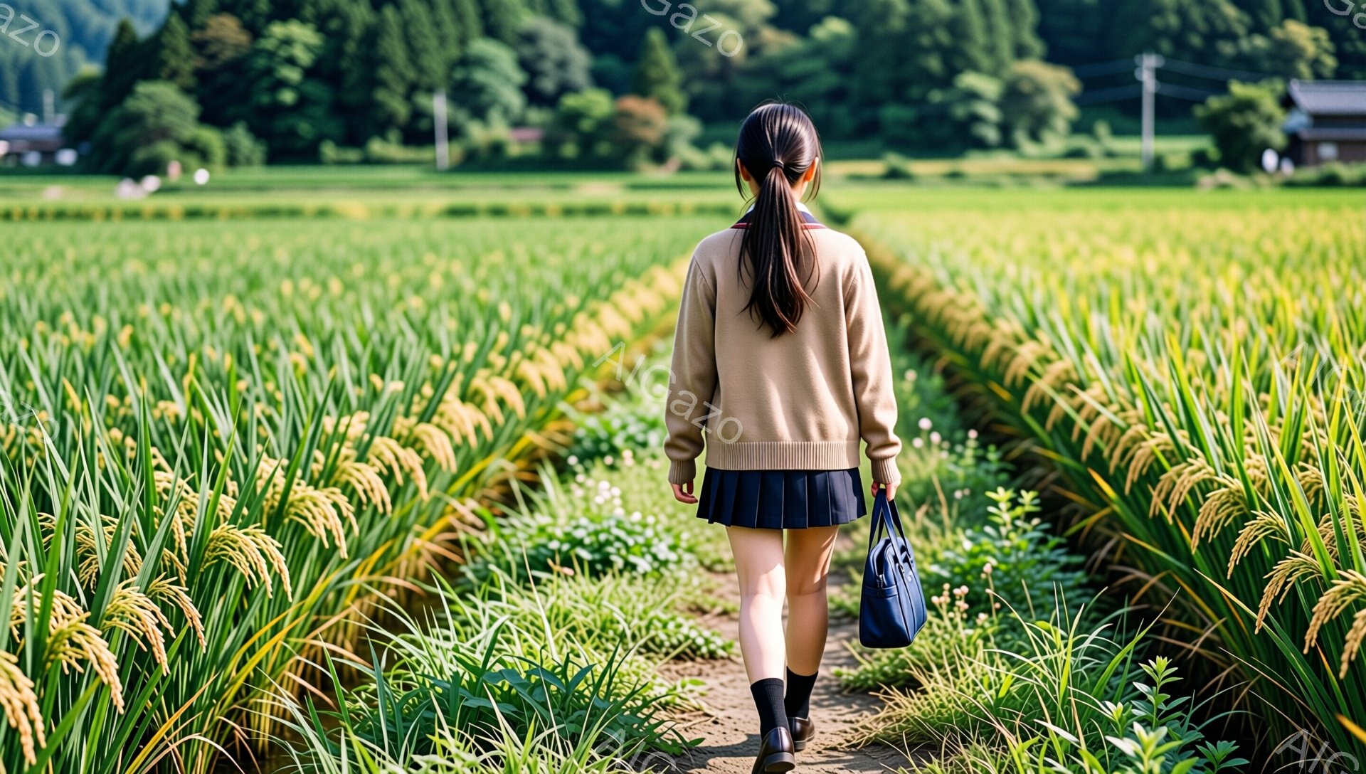 若い女性が田んぼの中を歩いている後ろ姿が捉えられている。彼女はベージュのセーターとプリーツスカート、黒い靴下を履いており、髪はポニーテールに結ばれている。背景には緑豊かな田園風景が広がり、遠くには山々 - AI生成フリー素材