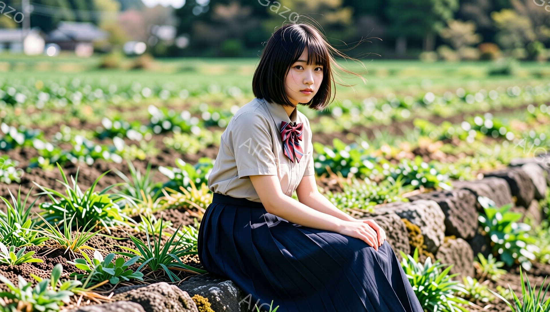 ショートカットの少女が、緑豊かな畑の縁の石垣に座っています。ベージュ色のシャツにチェックのネクタイ、濃い青色のプリーツスカートを着用し、少し憂いを帯びた表情をしています。背景には、整然と並んだ畑と、ぼんやりと見える建物があり、穏やかで自然な雰囲気を醸し出しています。