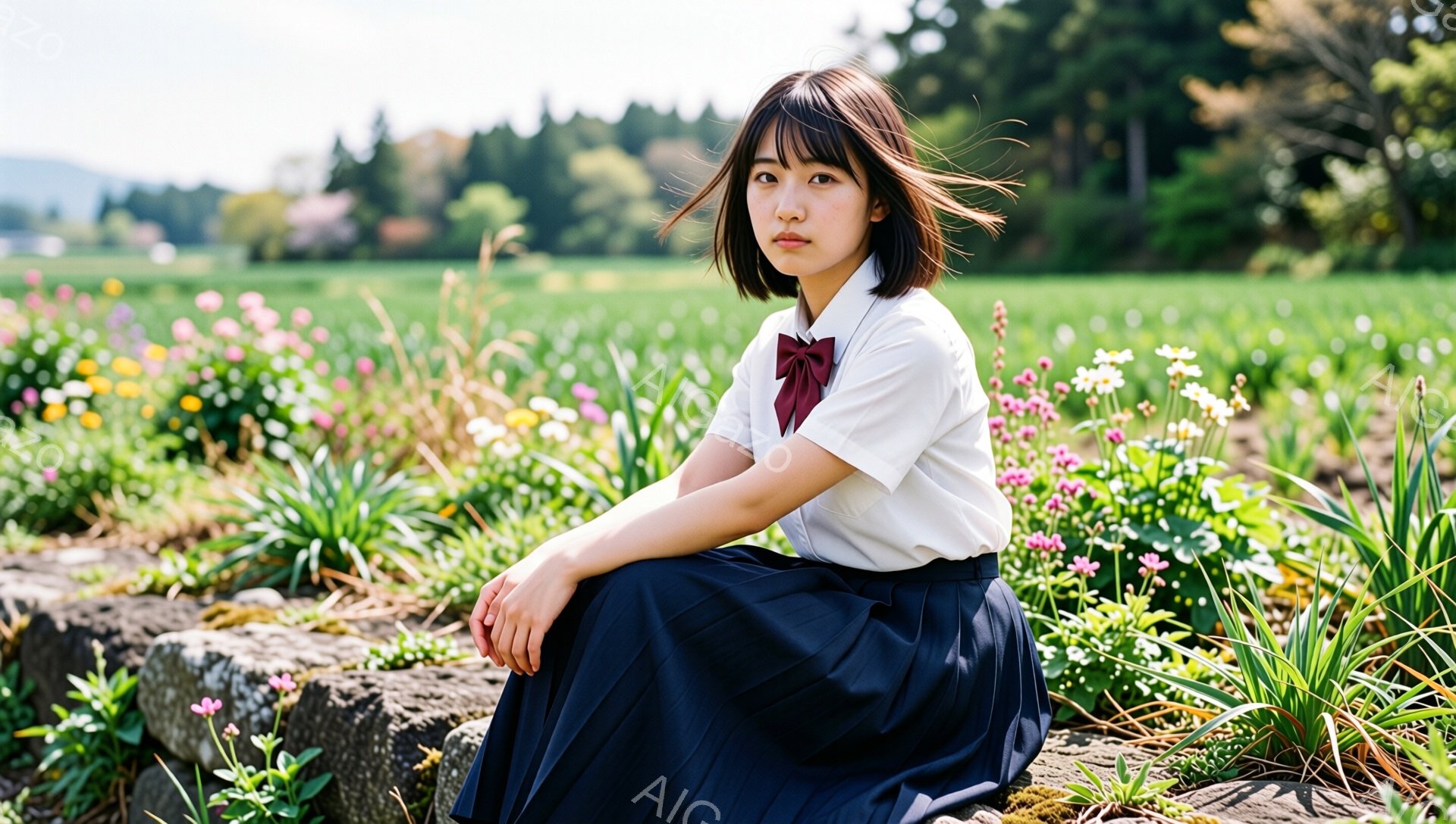 短い茶色の髪の少女が、白いシャツに紺色のプリーツスカートという制服を着て、石積みの上に座っています。彼女は少し憂いを含んだ表情で、正面を見つめています。背景には、色とりどりの花が咲き乱れる草原と、遠く - AI生成フリー素材
