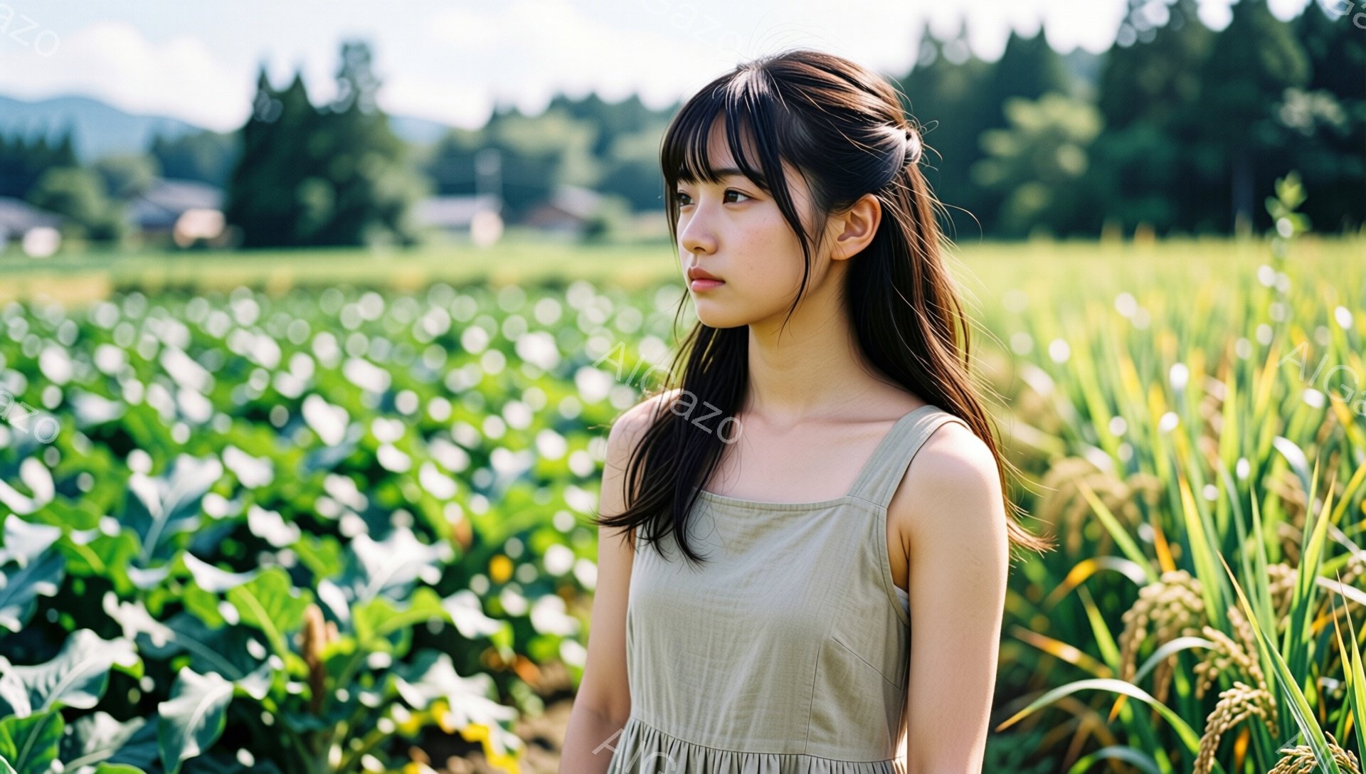 若い女性が田んぼの中に立っている。彼女は薄い緑色のキャミソールワンピースを着ており、長い黒髪は肩にかかっている。彼女の表情はどこか憂いを帯びており、視線は遠くを見つめている。