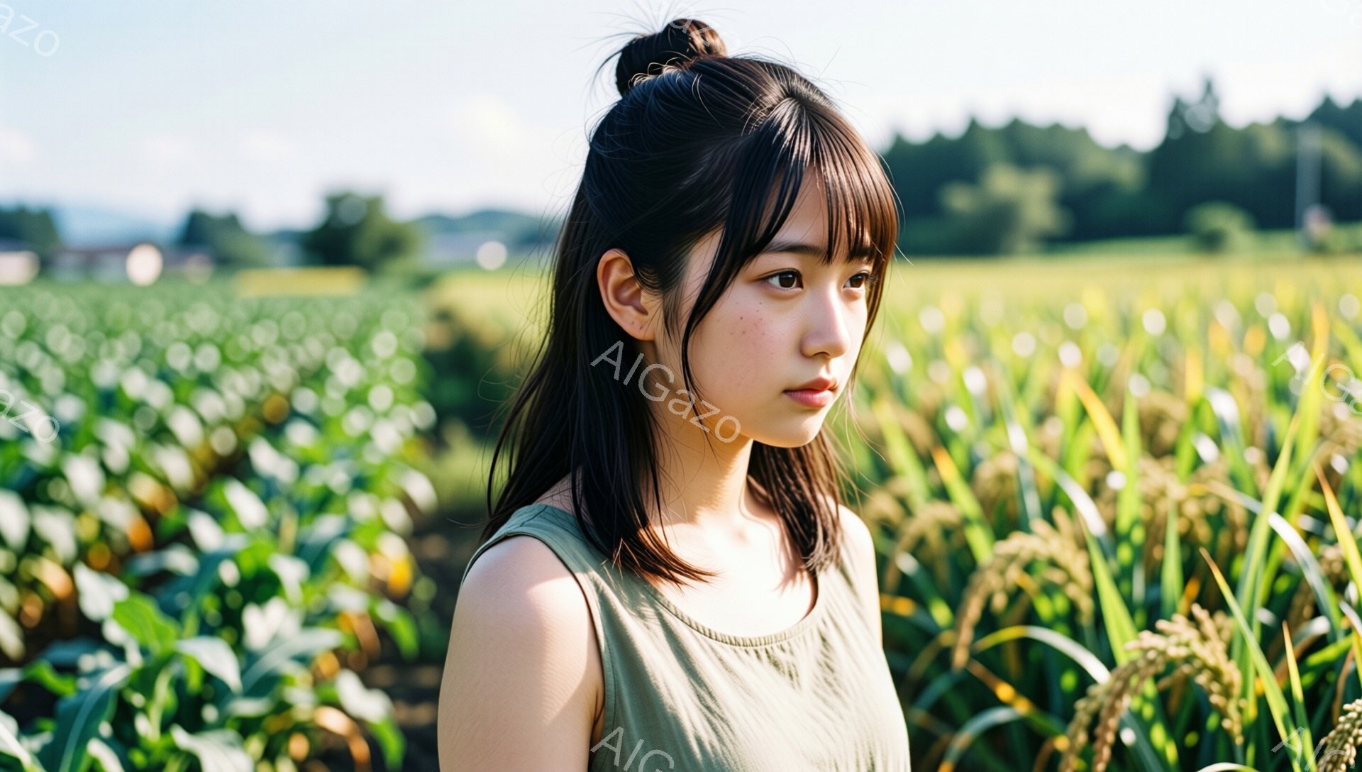 少女は緑色のシンプルなトップスを着ており、前髪を下ろした黒髪をサイドパートにしている。彼女はわずかに横を向き、憂いを帯びた表情で遠くを見つめている。背景には黄金色の稲穂が広がる田園風景が広がり、遠くに - AI生成フリー素材