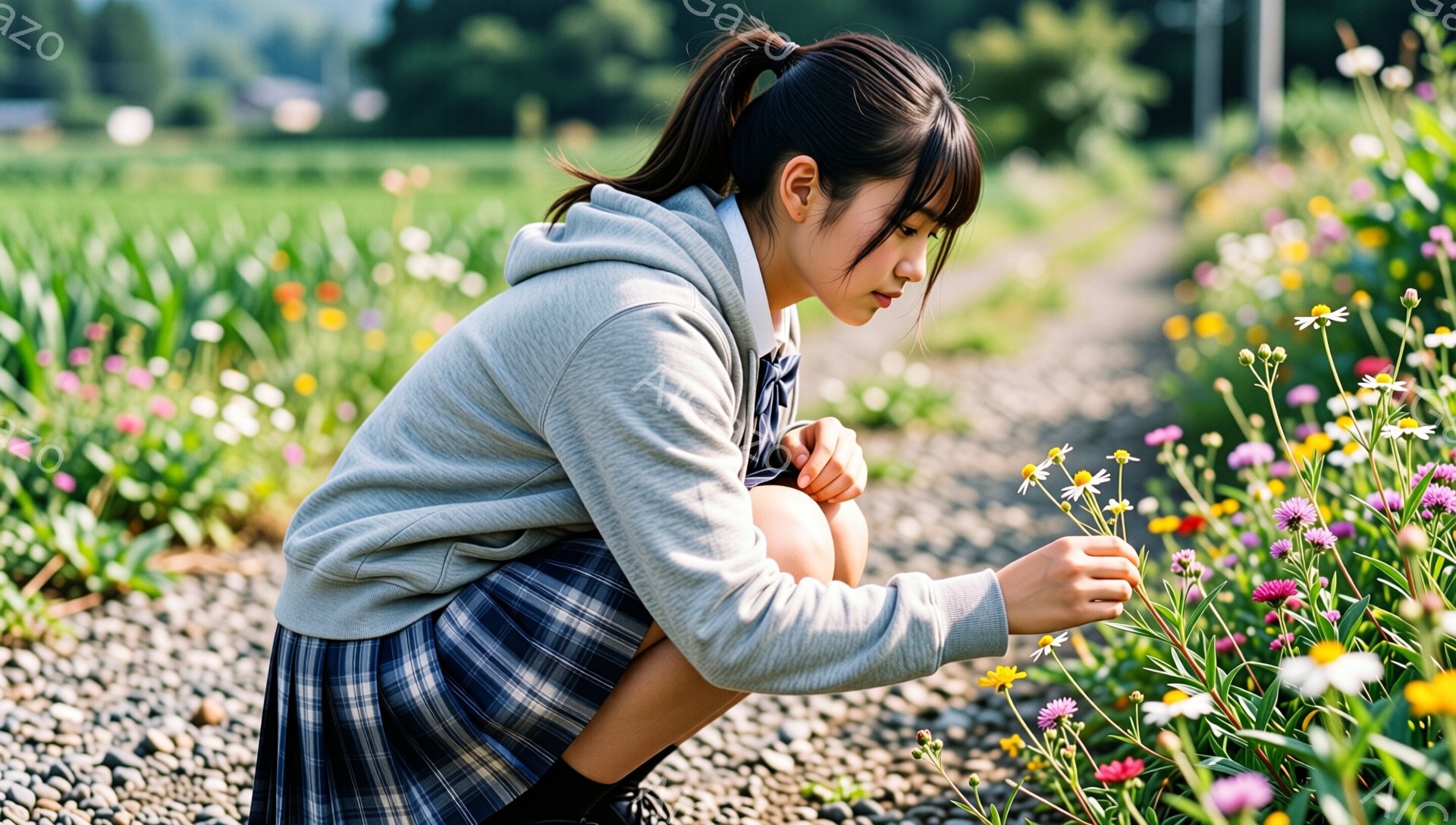 女子はグレーのパーカーとチェック柄のスカートを着て、花壇の中でしゃがんでいます。彼女は黒髪をポニーテールにし、集中した表情で花を見つめています。背景には色とりどりの花が咲き乱れ、土道が伸び、遠くには緑豊かな丘が見えます。