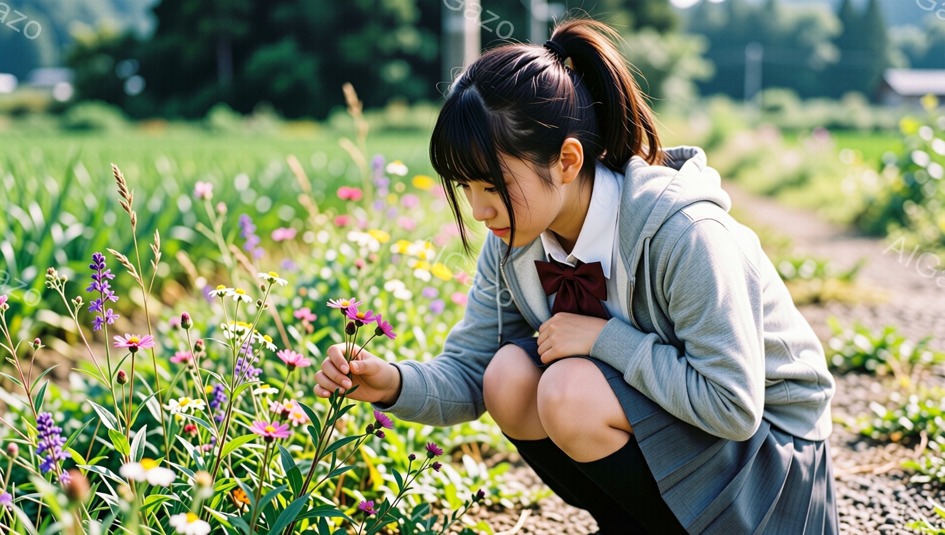 画像には、制服を着た若い女性がひざまずいて花を調べている様子が写っています。彼女は灰色のパーカーとスカートを着用し、濃い色のリボンを結んだ髪を後ろでまとめています。背景には、緑豊かな草地と花畑が広がり、遠くに木々が見え、穏やかな晴天の下で自然の安らぎを感じさせる雰囲気です。