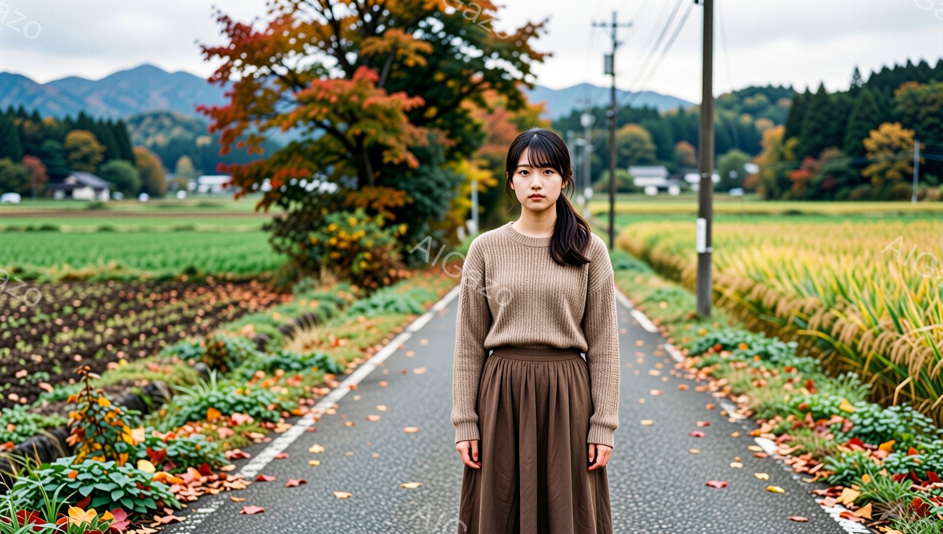長い前髪とサイドに流した髪が特徴的な女性が、アスファルトの道の上に立っている。ベージュのセーターと茶色のスカートを身に着け、やや物憂げな表情で正面を見ている。背景には、黄金色の稲穂が広がる田園風景と、遠くに見える緑色の山々が広がり、秋の寂しげな雰囲気を醸し出している。