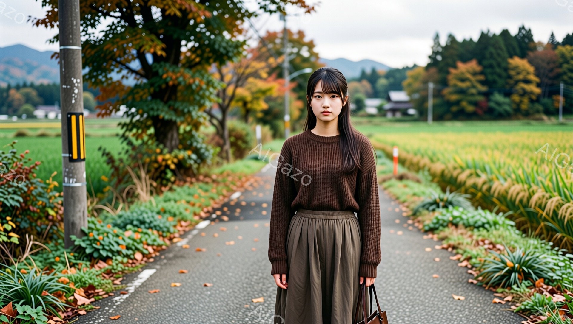 茶色いセーターとスカートを身につけた若い女性が、田舎道の真ん中に立っている。彼女は黒髪で、前髪を分けており、表情は落ち着いて少し寂しげだ。道の両側には緑豊かな植物が生い茂り、背景には山々と空が広がり、秋の穏やかな雰囲気を醸し出している。