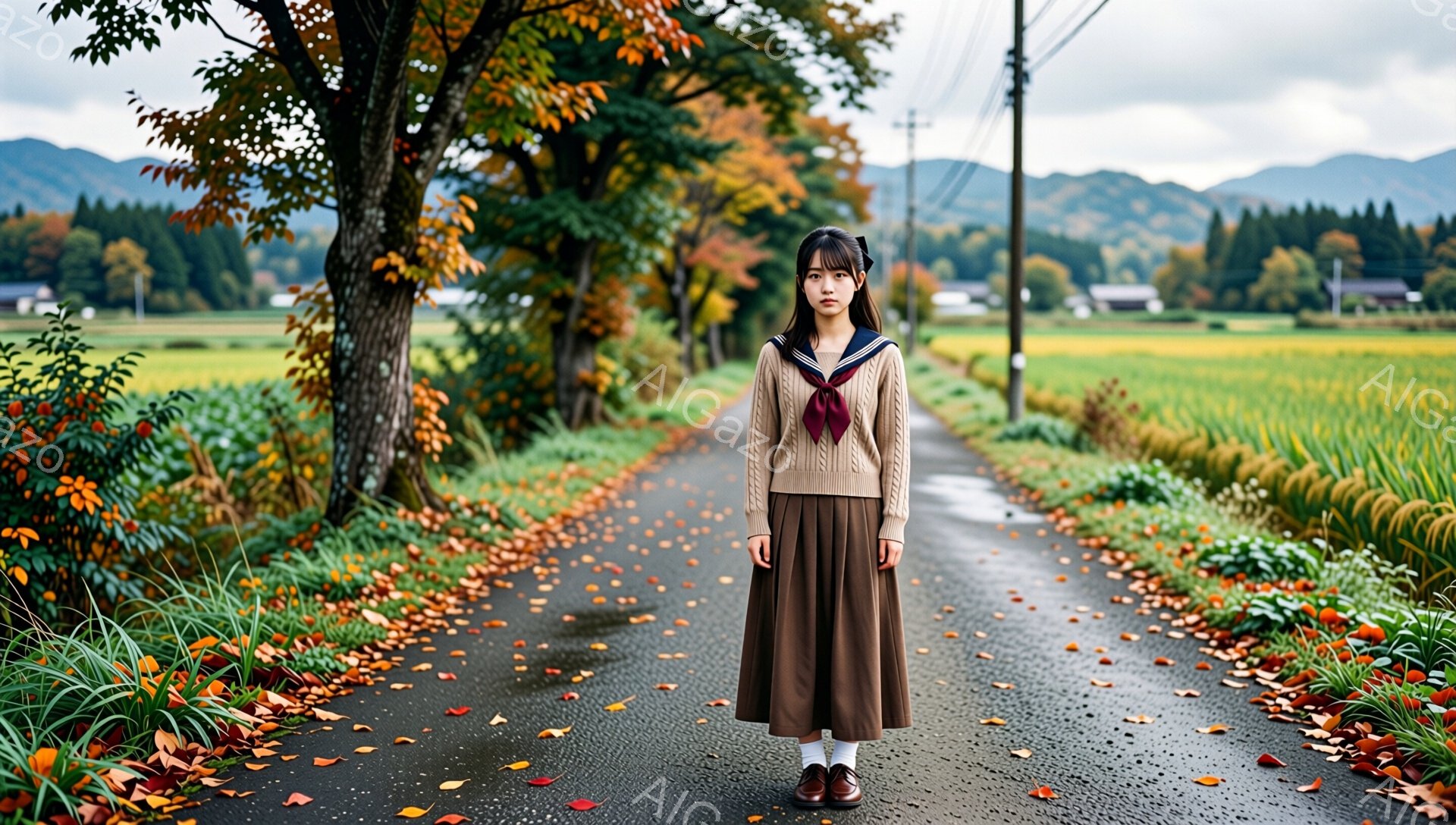 茶色のセーターベストにベージュのスカート、白い靴下と茶色の革靴を履いた若い女性が、落ち葉が散らばるアスファルトの道の中央に立っている。彼女は前髪を下ろした黒髪で、少し憂いを帯びた表情をしている。背景には緑の田んぼと、遠くに見える山々が広がり、どんよりとした空が秋の寂しげな雰囲気を漂わせている。